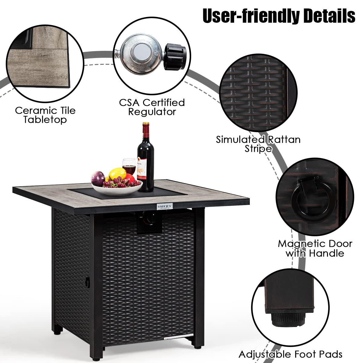 COSTWAY 30" Propane Gas Fire Table, Patio Square Fire Pit Table w/Stainless Steel Burner, 50,000 BTU Heat Output, Elegant Tile Tabletop, PVC Cover Perfect for Poolside, Backyard