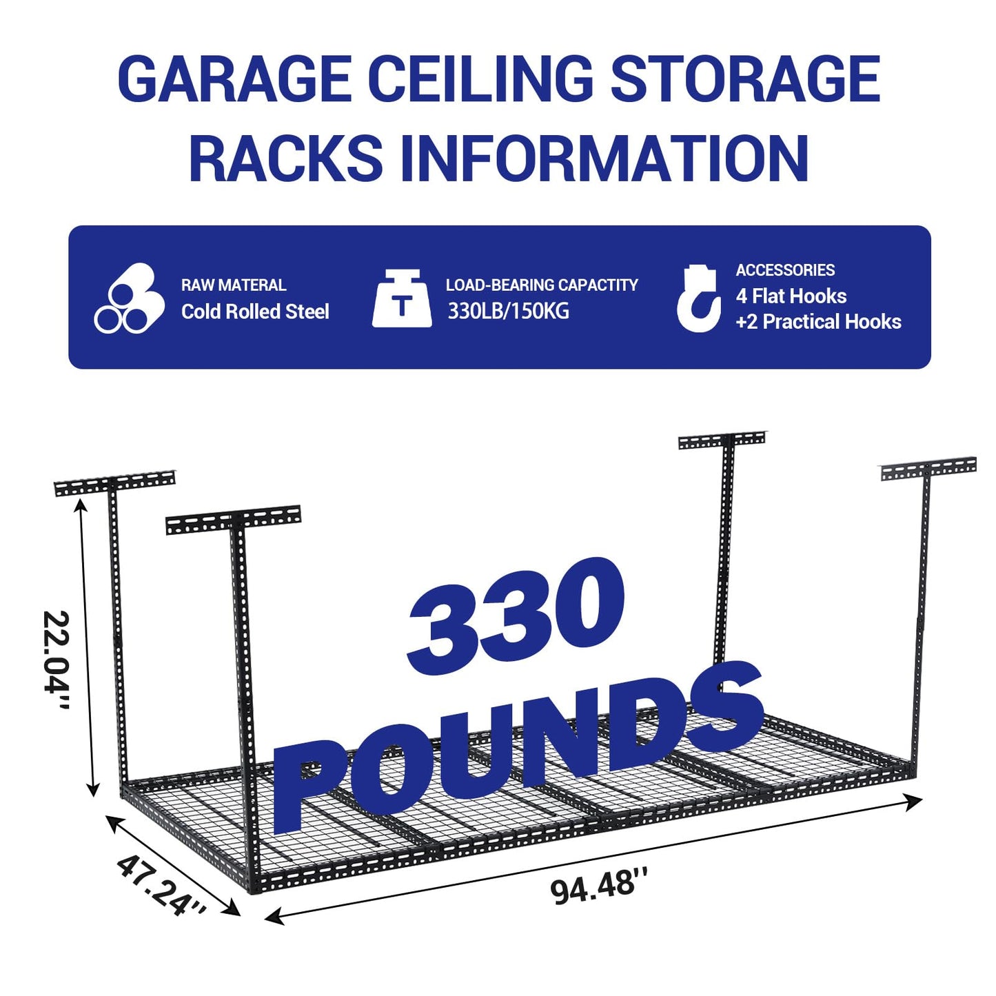GarveeTech 4x8 FT Overhead Garage Storage Rack, 22"-40" Height Adjustable Ceiling Storage Rack 330lbs Weight Capacity, Heavy Duty Metal Hanging Storage Shelves for Garage (Black, Vertical Post x 4)