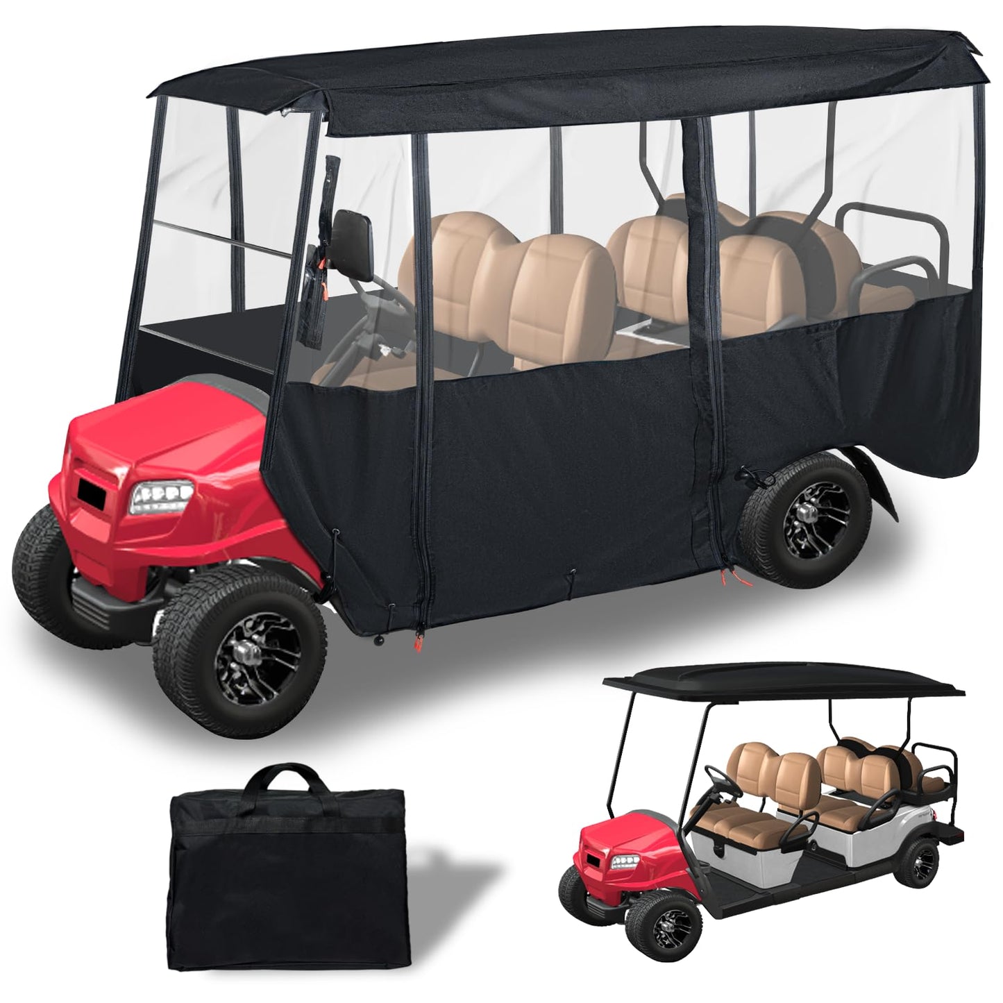 Tecoom Golf Cart Enclosure 4+2/6 Passenger, Golf Rain Cover 600D Waterproof Snowproof, 4 Door Zippers, 4-Side Clear Windows and 8 Windproof Hooks, Fit for EZGO, Yamaha, Club Car, Long Roof 144''L