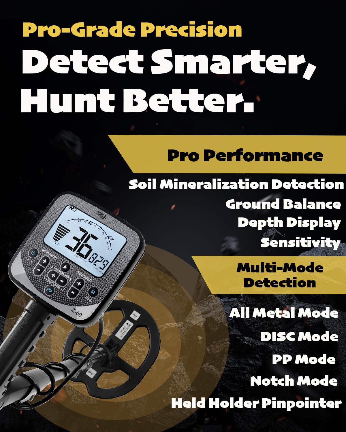 PRO-Z60 Metal Detector for Adults with Pin Pointer,16" Detection Depth Professional Metal Detector Kit High Frequency 19.23kHz Gold Detector with Ground Balance,Double-D Waterproof Coil for Beach