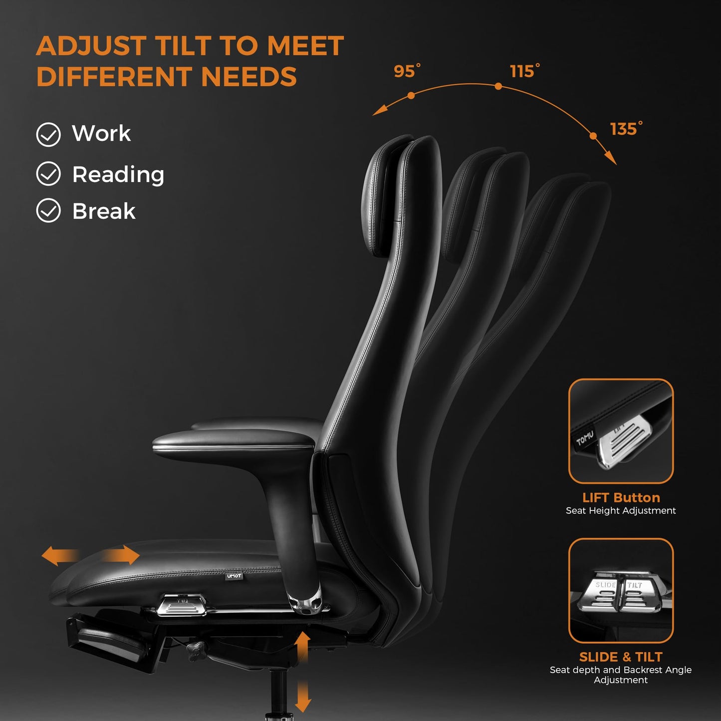 TOMU Executive Office Chair with Foot Rest, Top Grain Genuine Leather Office Chair, Ergonomic High Back Design. Real Leather, Wheels, Alumium Base. Padded Armrest, Luxury and Comfy (Black)