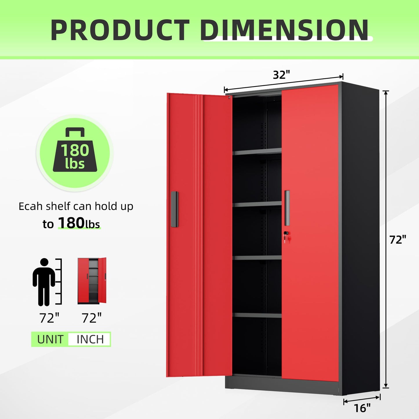 Bonusall 72" Metal Garage Storage Cabinet - 900lbs Heavy Duty Steel Cabinet with 3-Point Locking System & 4 Adjustable Shelves, Lockable Tall Storage for Garage, Office, Warehouse - Black & Red