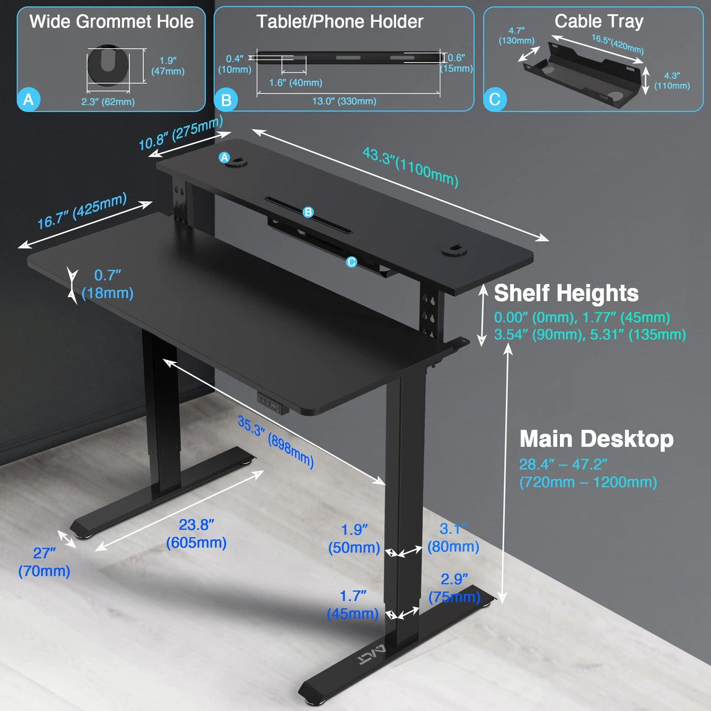 AVLT 47″ Electric Standing Desk with Dual-Tier Shelf & Tablet Holder – Height Adjustable Sit-Stand Desk for Home Office, Motorized Frame Supports 176 lbs (80kg), Includes Tabletops – Black