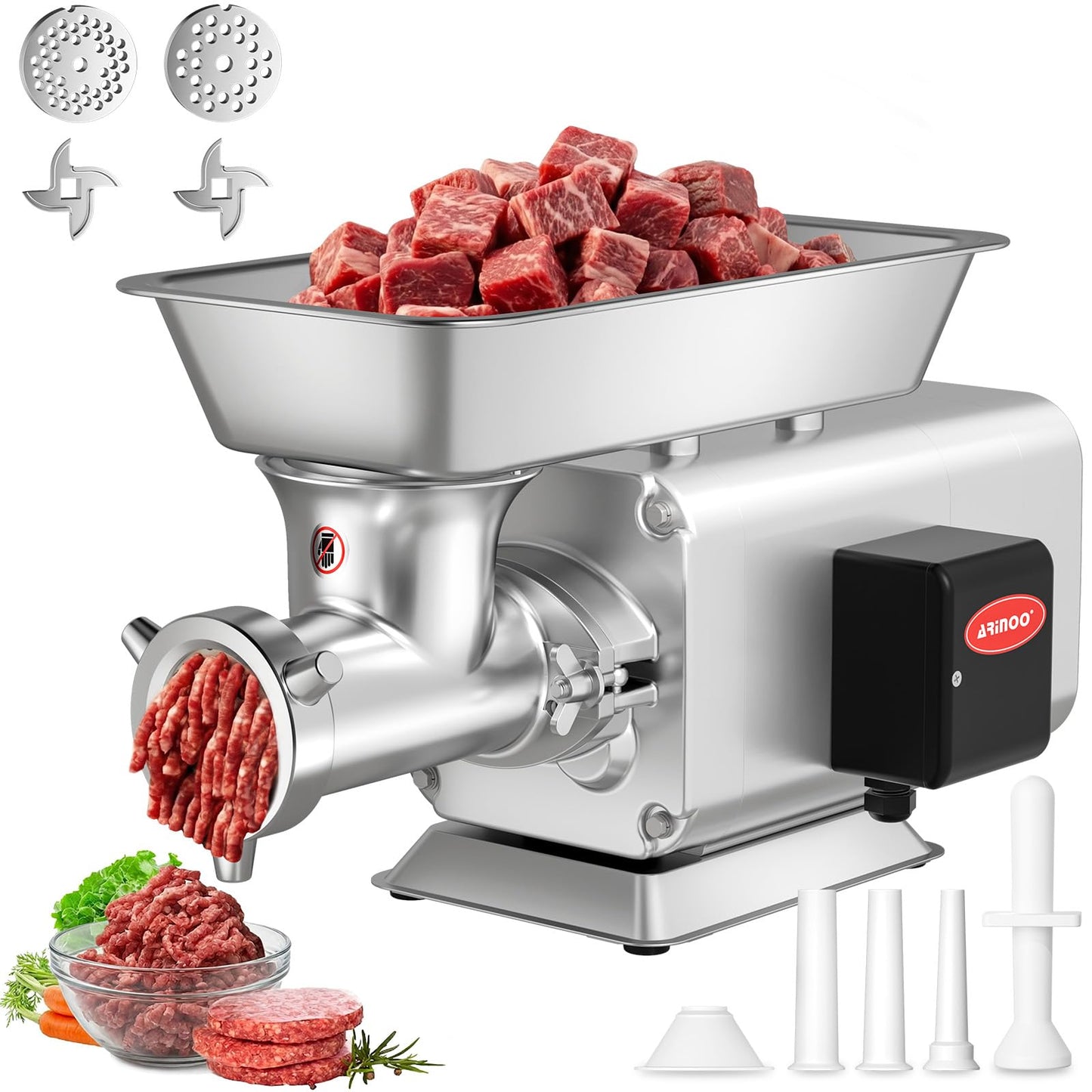 ARINOO Electric Meat Grinder, Grinds Chicken Bones, 1.7 HP Heavy Duty Stainless Steel Commercial #22 Meat Mincer Machine with 2 Plates, 2 Blades and 3 Sausage Tubes for Home Use, 11 Lbs/Min