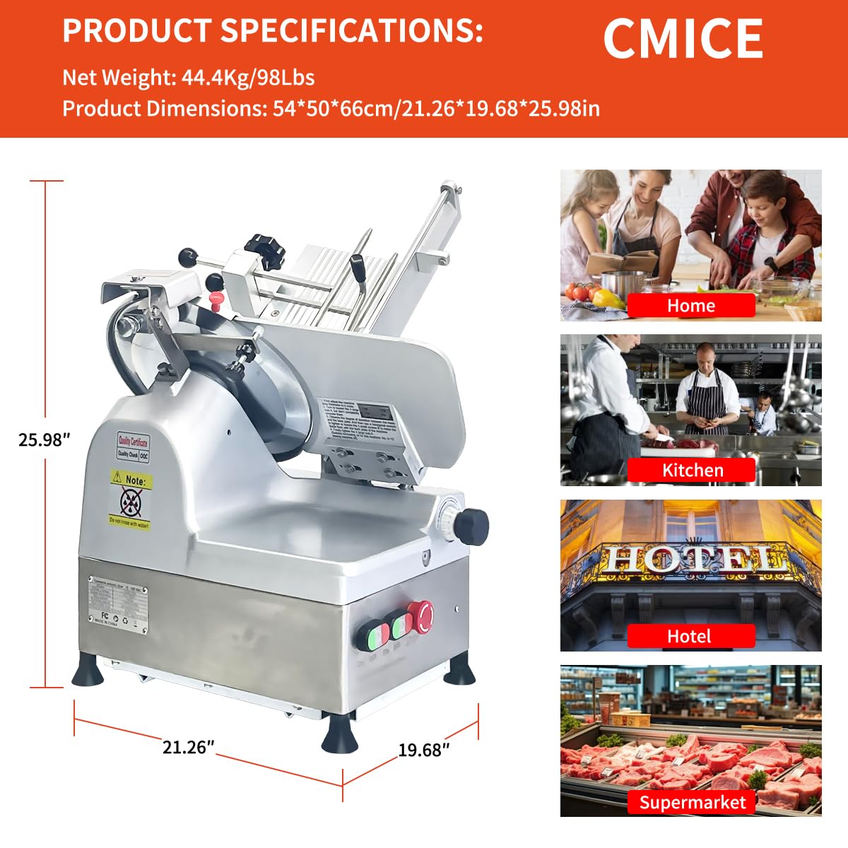 CMICE Automatic Commercial Meat Slicer, 550W Automatic Meat Slicer with 11.8" Carbon Steel Blade, Adjustable Thickness From 0～6 mm Suitable for Commercial/Home Use