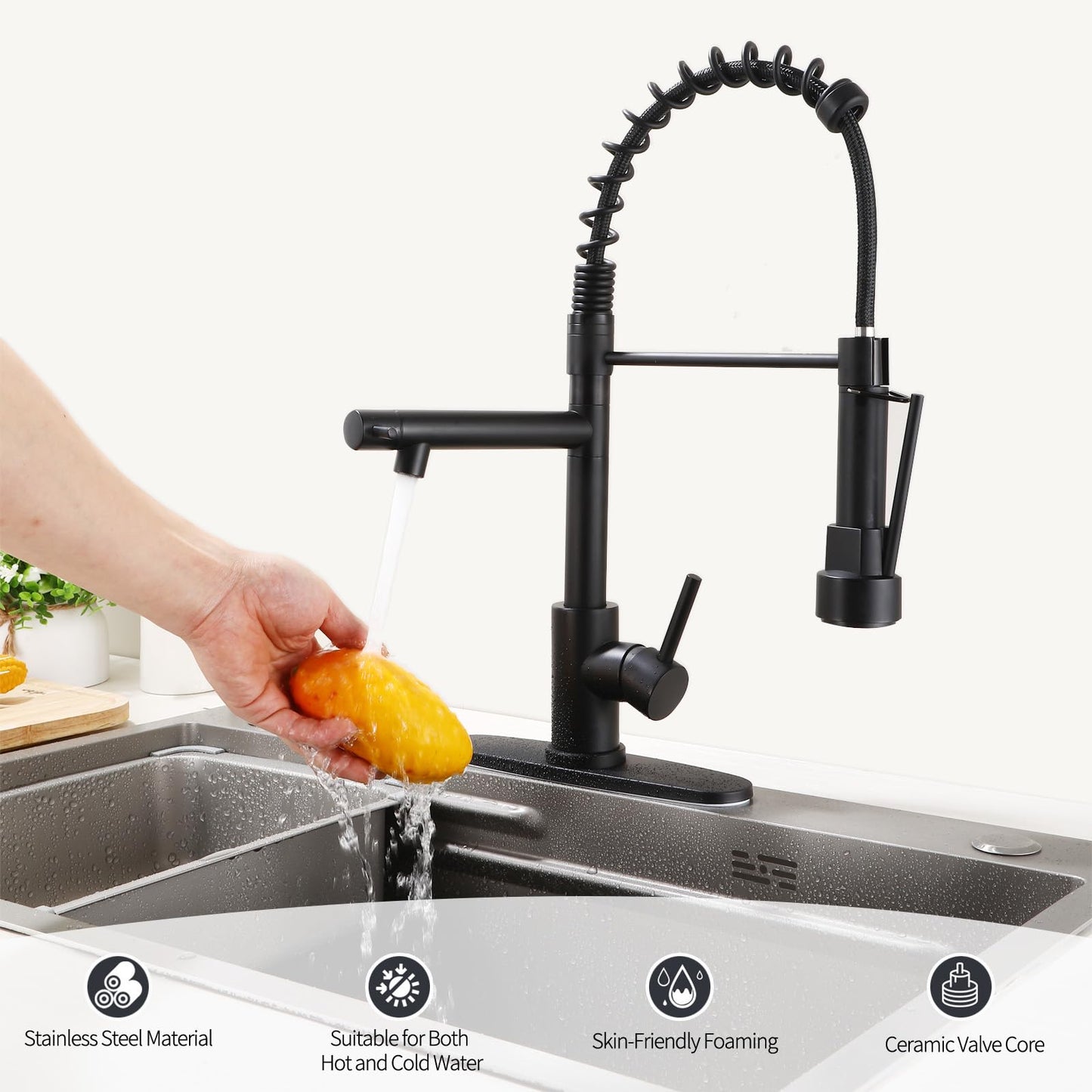 Wicbim Kitchen Sink Faucet with Pull Down Sprayer Contemporary Stainless Steel Single Handle Spring Kitchen Faucets Double-Headed with Deck Plate