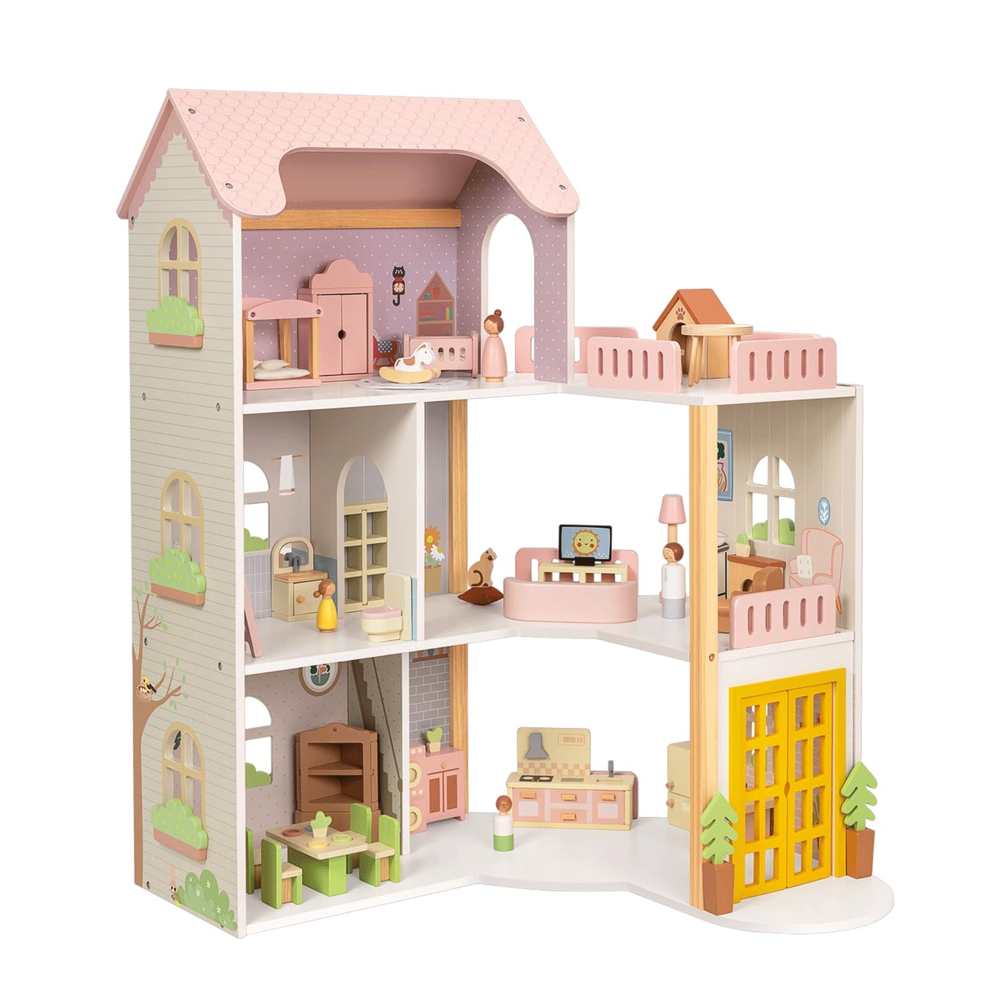 OOOK Wooden Dollhouse with 60 Pcs Luxurious Furniture Accessories, Including 4 Dolls and 2 Pets, Large 3-Story Doll House with 6 Rooms, Doll House for 3 Year Old