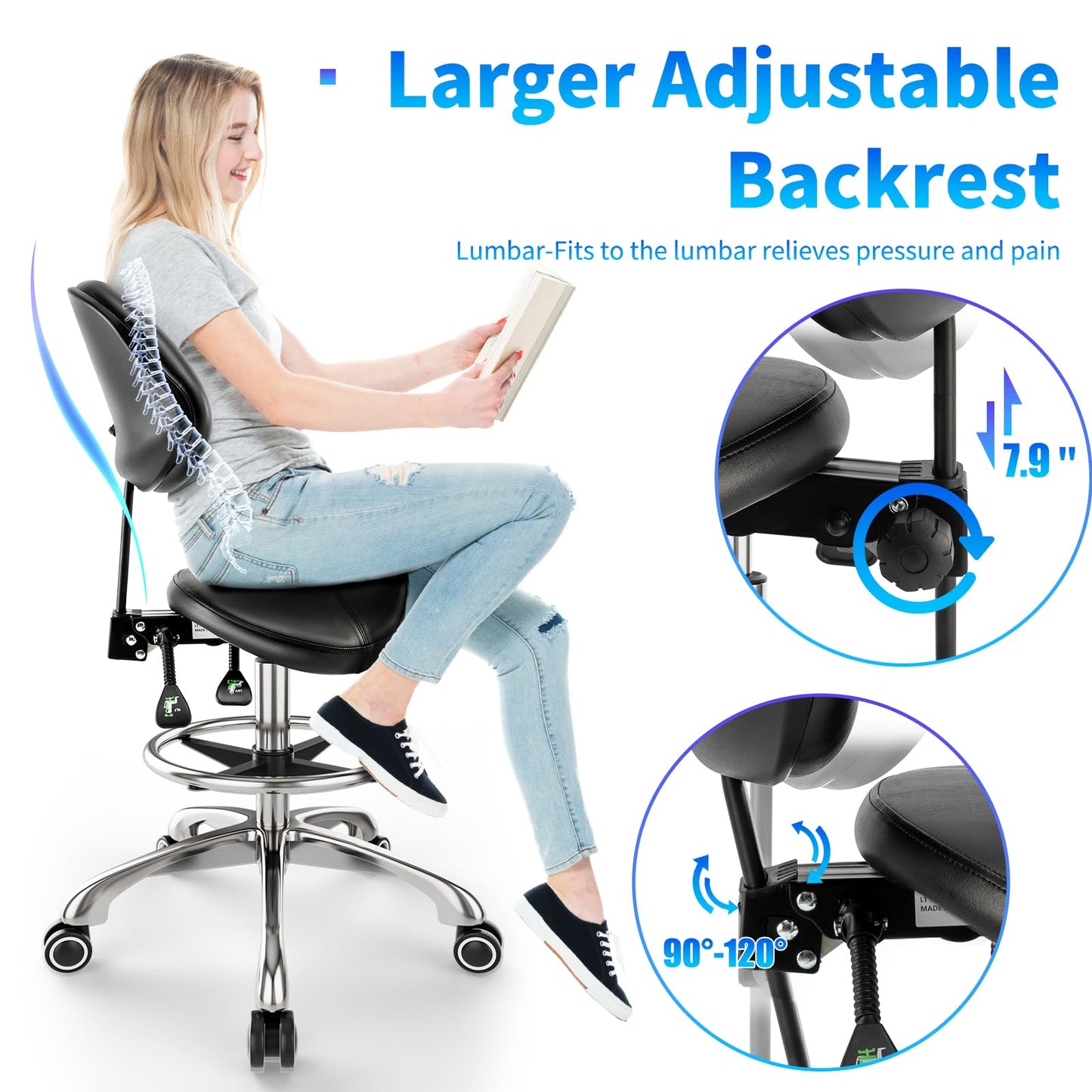 Saddle Chair with Back Support - Adjustable Height with Foot Rest，350 LBS Capacity Ergonomic，360° Swivel Drafting Chair for Salon，Spa，Massage，Tattoo，Facial lash，Home, Dentist Clinic (Black)