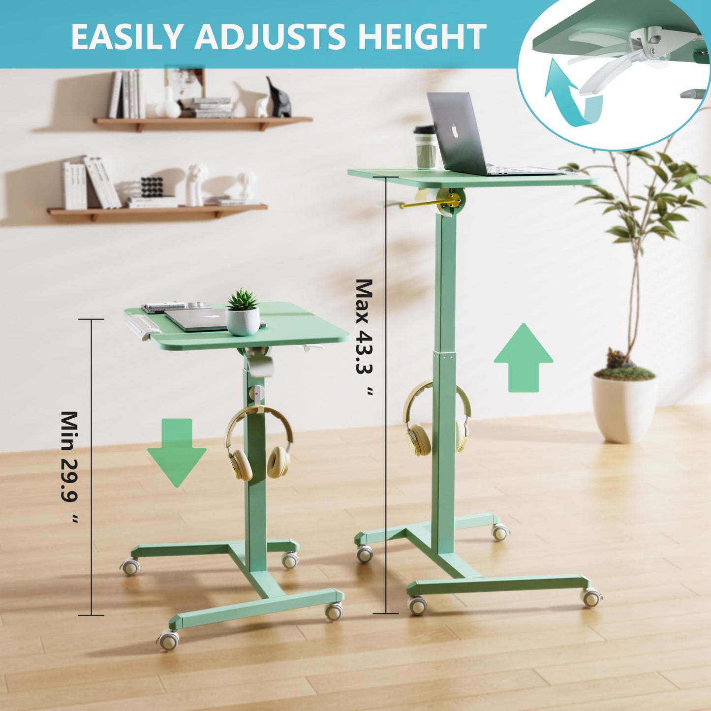 ETHU Mobile Standing Desk, Rolling Podium Stand with Magnetic Hook, 90° Tilting Tabletop, Height Adjustable Sit Stand Desk for Home, Office and Classroom, Green