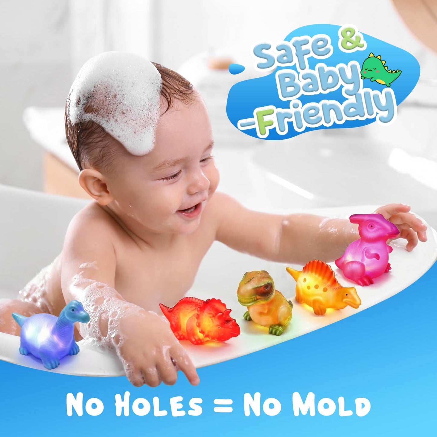 Baby Bath Toys for Toddlers 1-5, 6 Packs Light Up Floating Dinosaur Toys for Kids 1-5 Year Olds Boys Girls Halloween Xmas Birthday for Babies Age 1-5 Sensory Toys Preschool Bathtub Pool Shower Games