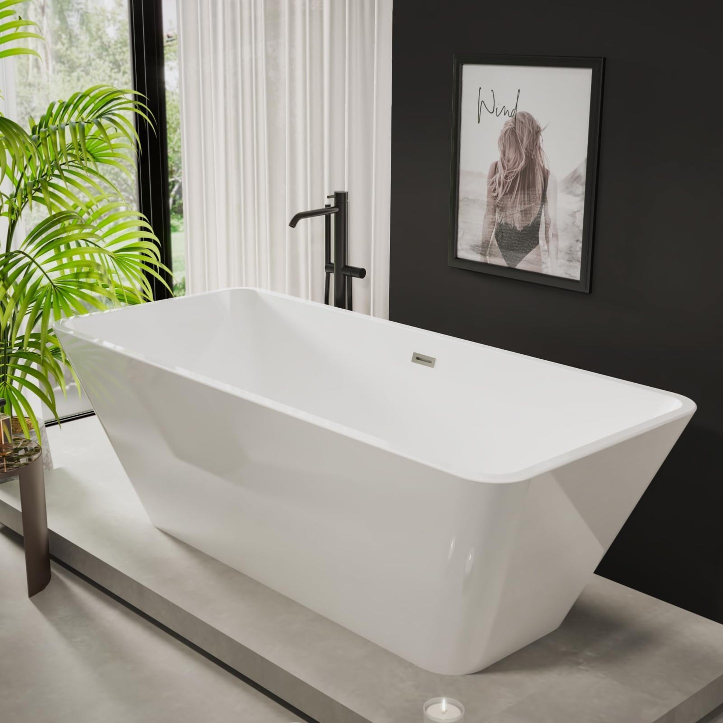 66 Inch Freestanding Bathtub, Modern Soaking Bathtub, Freestanding Rectangular Tub with Non-Slip Base and Easy Drain, Deep Design for Adults, Ideal for Bathroom Relaxation, Chrome Drain, White