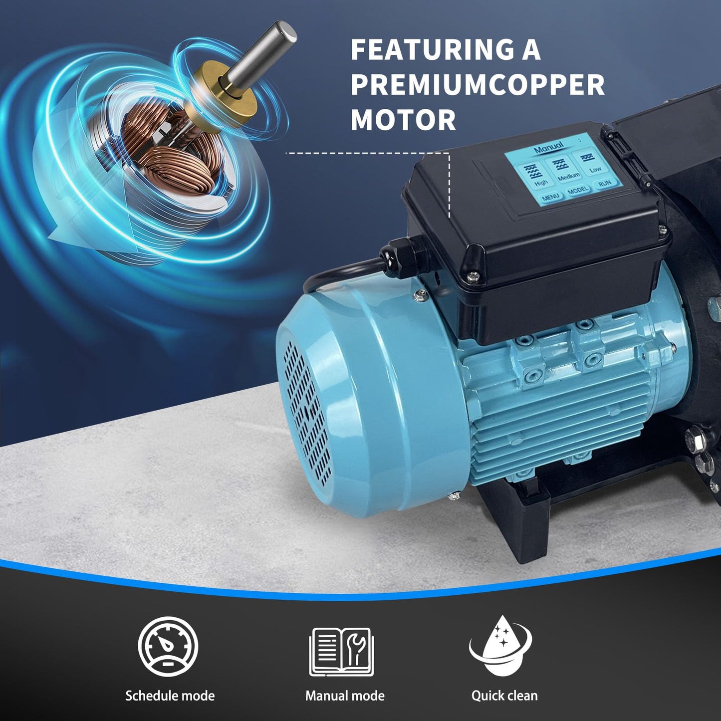 1.5 HP Variable Speed Pool Pump VS Multiple Speed Programmable Pump 230Vac 5880GPH Intelligent In/Above ground pool pump Compatible with 1.5"/2.0" Pipes & 1.25/1.5" Hoses