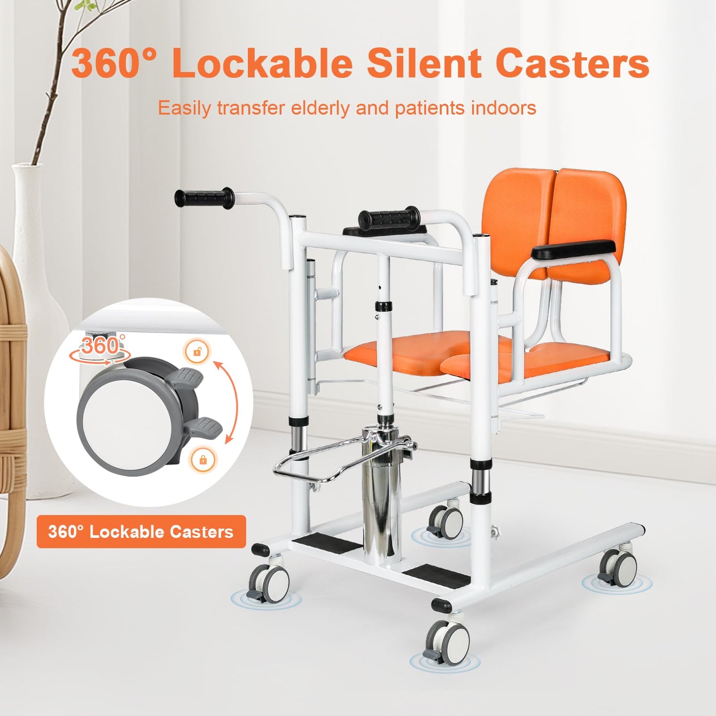mindmed Patient Lift Transfer Chair for Home, 440lbs Capacity, 4 in 1 Patient Lift Transfer Chair with 180° Split Seat, Upgraded Rod for Height Adjustable, for Elderly Transfer to Bed/Toilet (Orange)