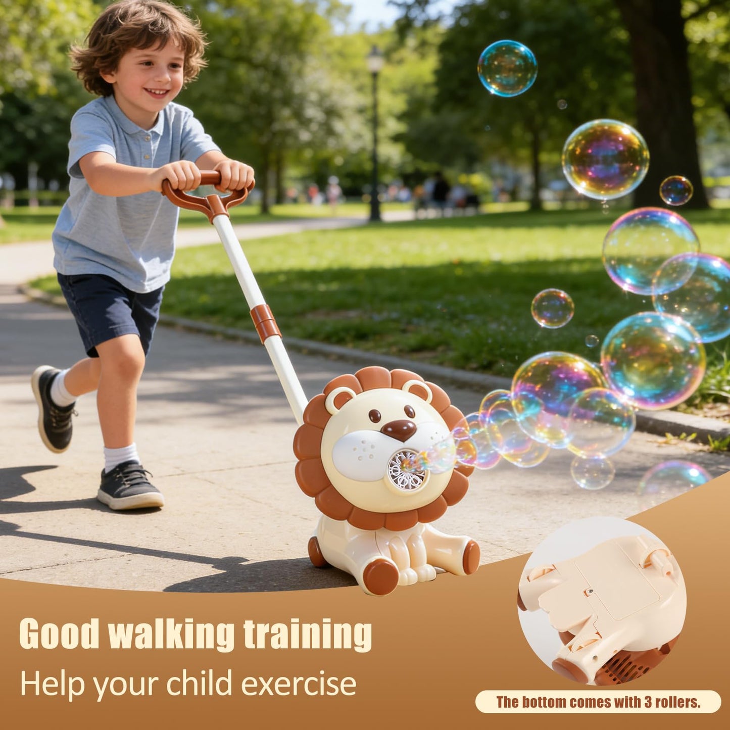 Lion Automatic Bubble Machine for Toddler Kid Toy 1 2 3 4 5 6 7 8 1yr Year Old Little Girl Boy Gift Lawn Mover Maker Blower Summer Outdoor Push Toys Rechargeable Easter Christmas Birthday Present