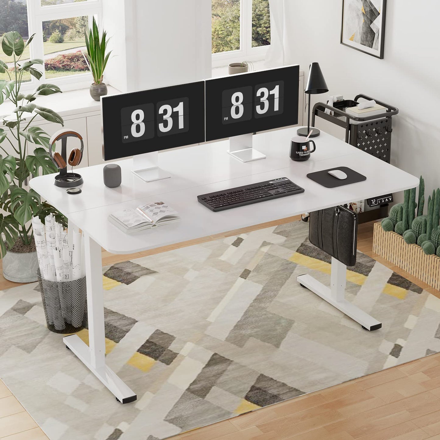 YESHOMY Height Adjustable Electric Standing Desk, 55 inch Computer Table, Home Office Workstation, White Leg/White Top