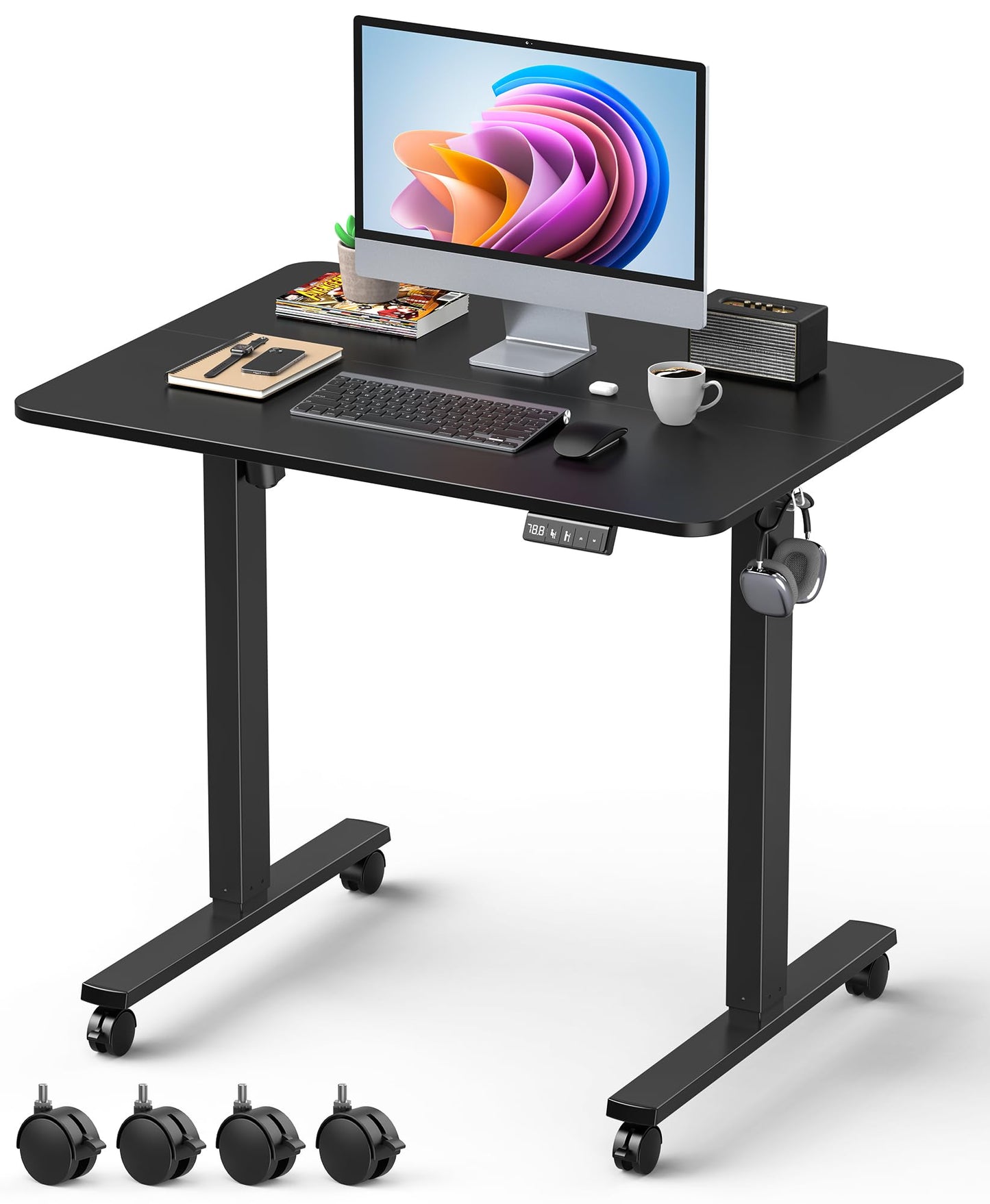 Xyndyx Small Height Adjustable Electric Standing Desk, 31.5" x 23.6" Sit Stand up Desk with Splice Board, Ergonomic Rising Computer Home Office Desk Table with Memory Preset, Black Frame/Black Top