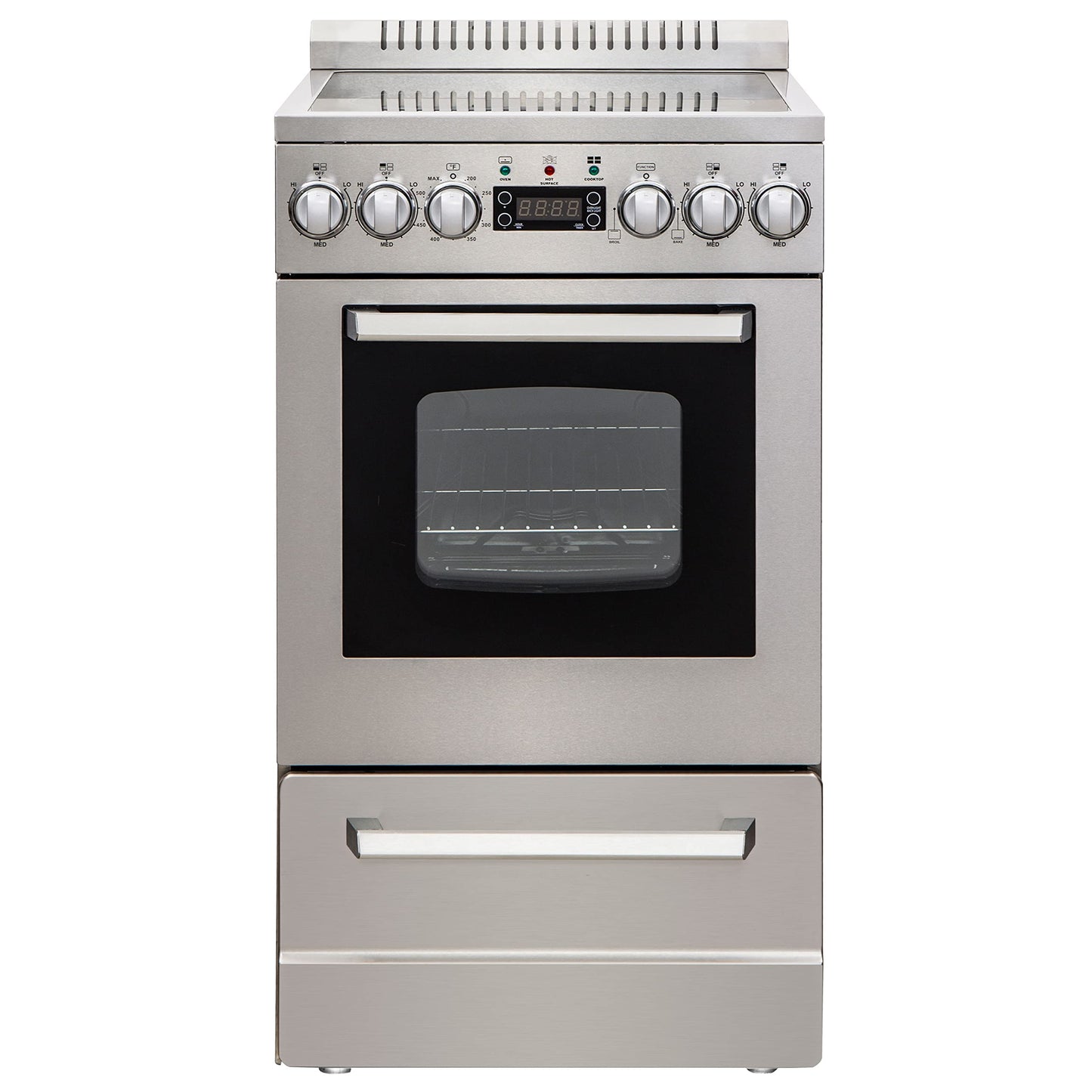 Avanti Electric Range Oven ELITE Series Compact Design, 2-Cu.Ft. Capacity with 4 Coil Burners, Framed Glass Oven Door, Storage Drawer and Broiler with Pan, 20-Inch, Stainless Steel