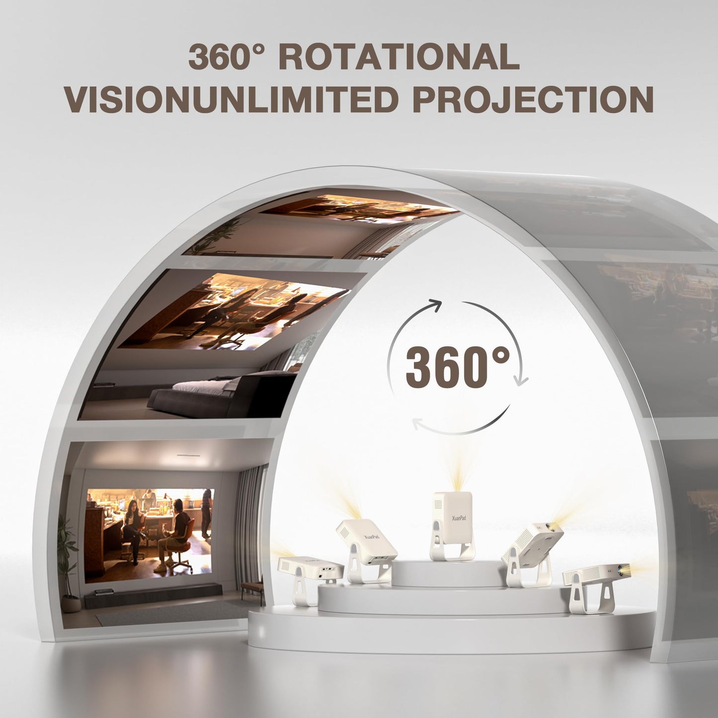 [Officially-Licensed App & Auto Focus]White Smart Mini Projector with WiFi and Bluetooth, XuanPad 4K Support Movie Projector, Portable Native 1080P Outdoor Projector with 360° Stand