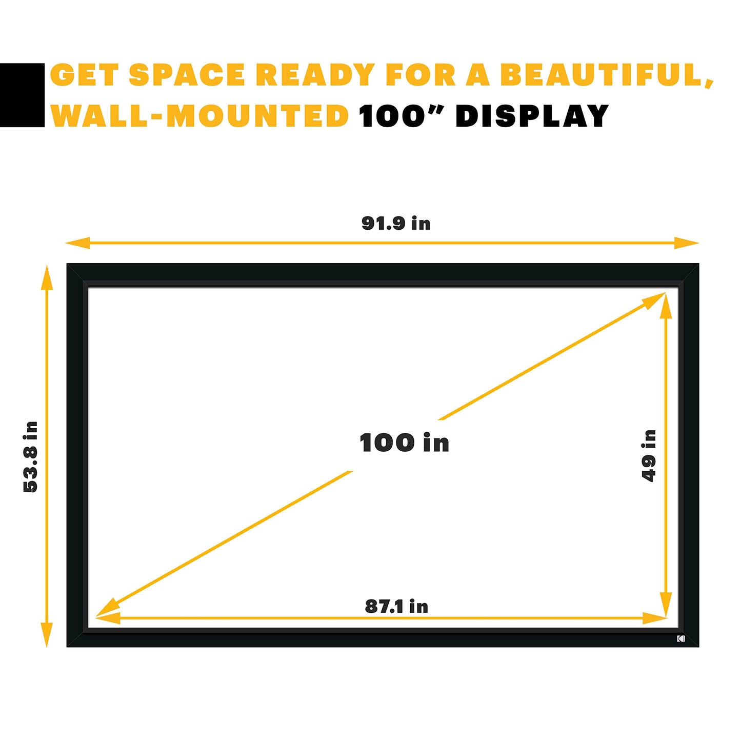 KODAK Projector Screen | 100” Fixed Frame Home Projection Screen with Black Velvet Frame, Durable PVC & Wall Mount Kit | 160° View Angle, 16:9, 1.1, Full HD 4K 8K & Active 3D Ready for Movies & Gaming