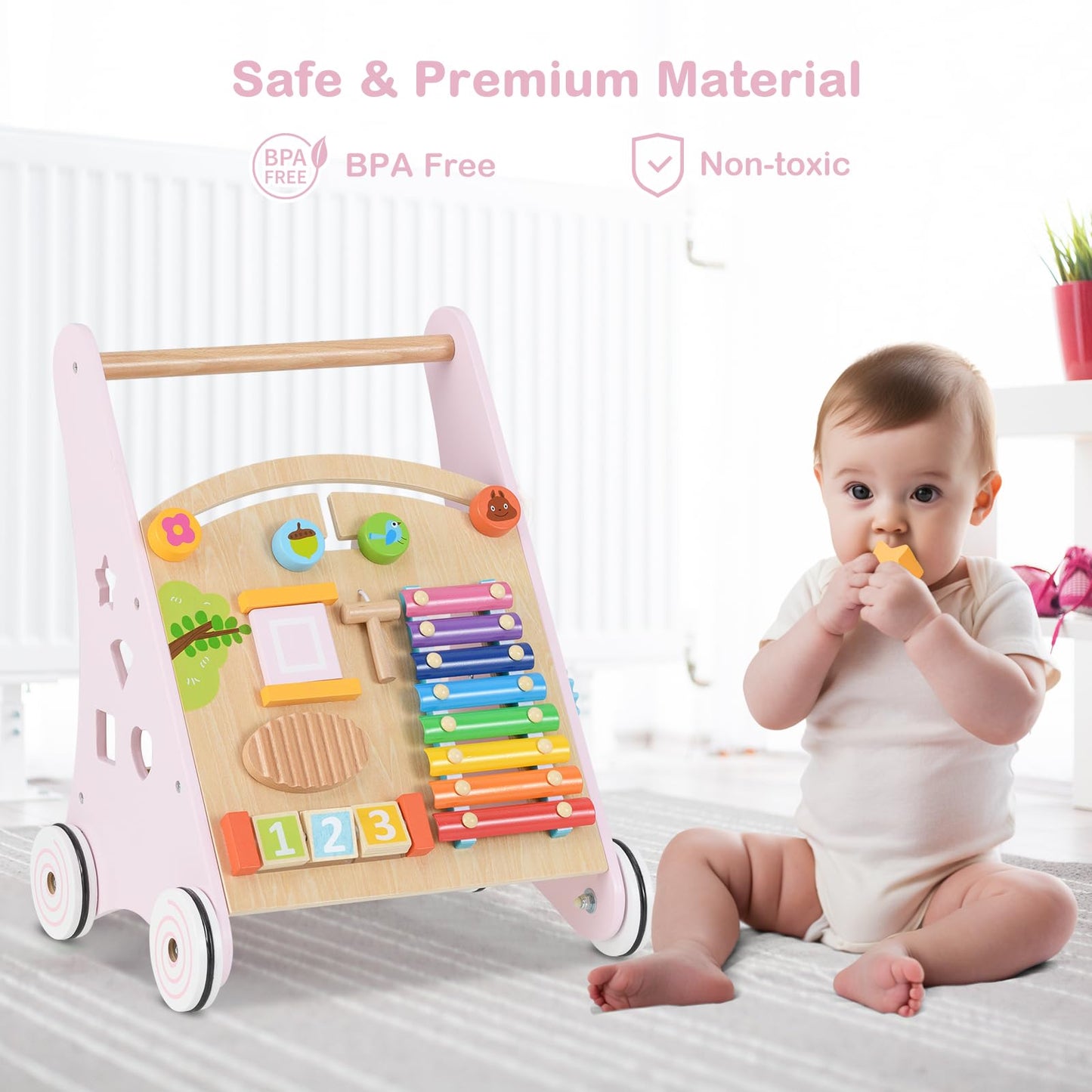 INFANS Wooden Baby Walker, Montessori Walker with Multiple Activity Toys, Storage, Push Walker Toys for Infant Learning to Walk, Sit to Stand Walker for Boys Girls