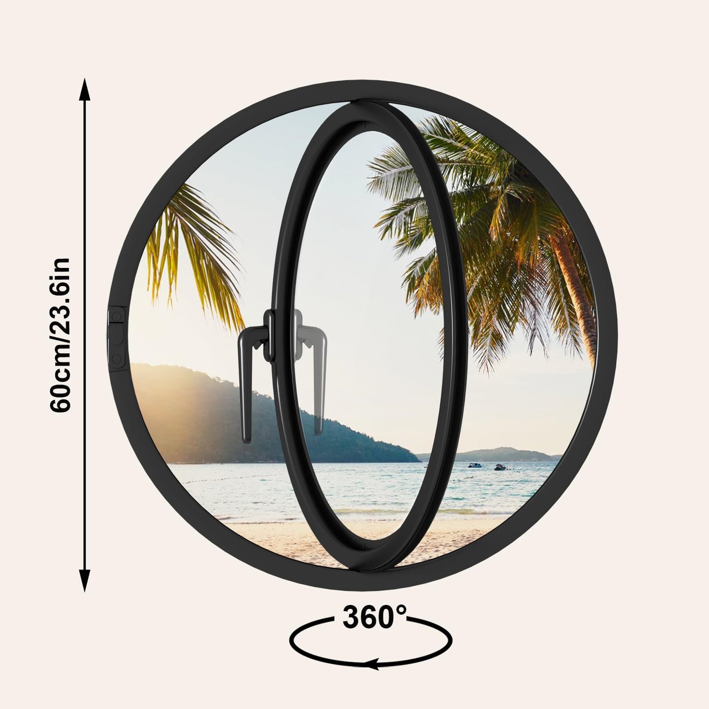 360° Rotating Round Window, 23.6" Flush Mount Tempered Glass Porthole Window, Metal Pivot Casement Window with Handle, Home Indoor Ventilation Windows Replacement for Kitchen Bedroom Living Room