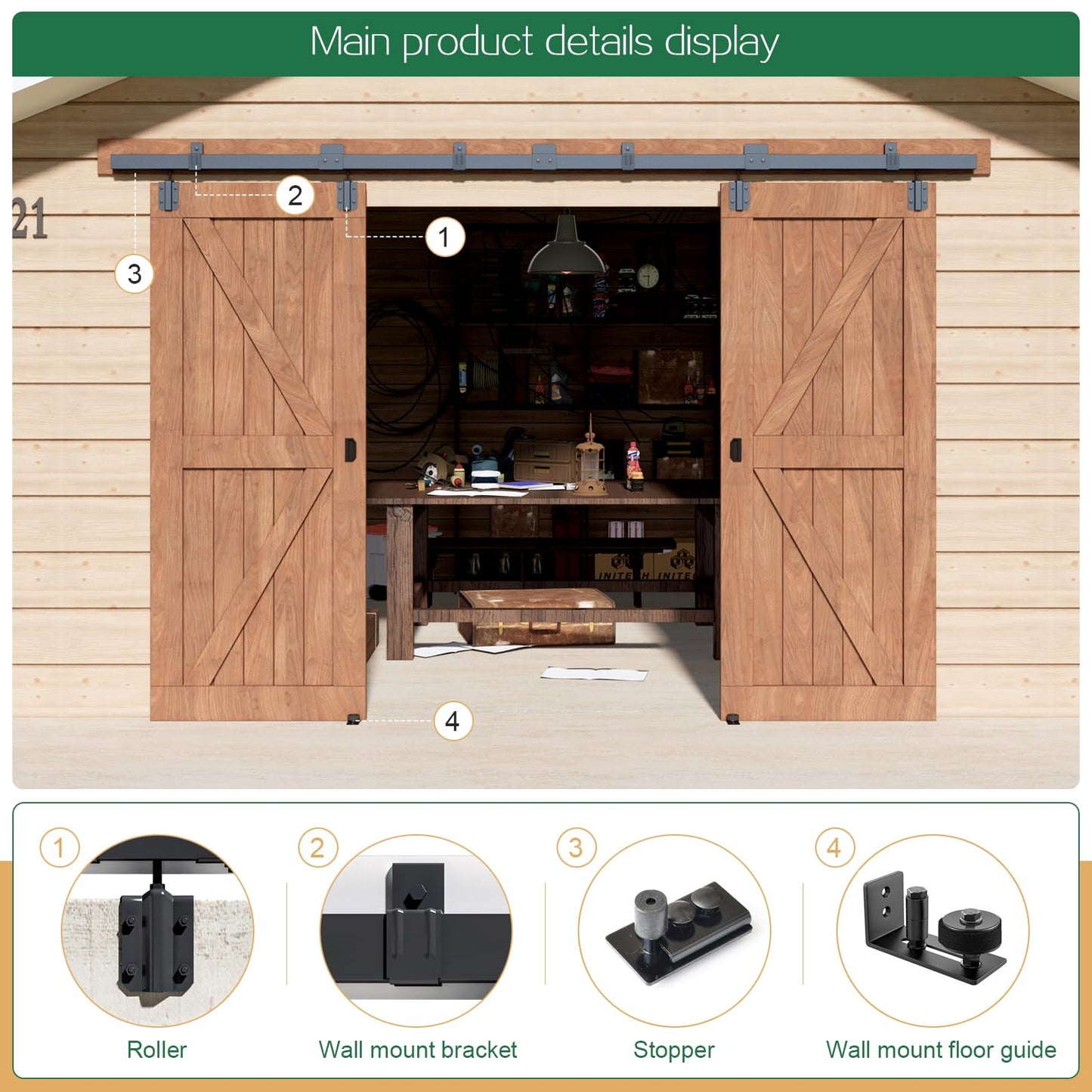 16FT Double Door Industrial Grade Black Double Door Track Kit for Exterior Sliding Barn Doors Heavy Duty Box Rail, Wall Mounted, Max Load 300lbs (Hardware Only,No Door)
