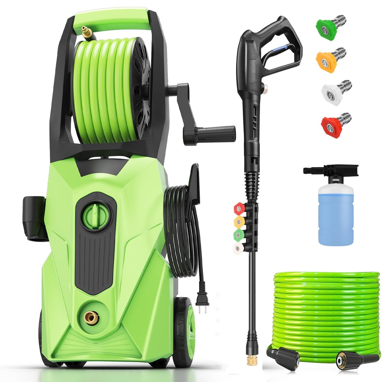 commowner 5000PSI Electric Pressure Washer, 2026 New Power Washer with 33FT Flexible Extension Pressure Washer Hose Reel, 4 Nozzles, Professional Powerwashers for Home/Car(Green)