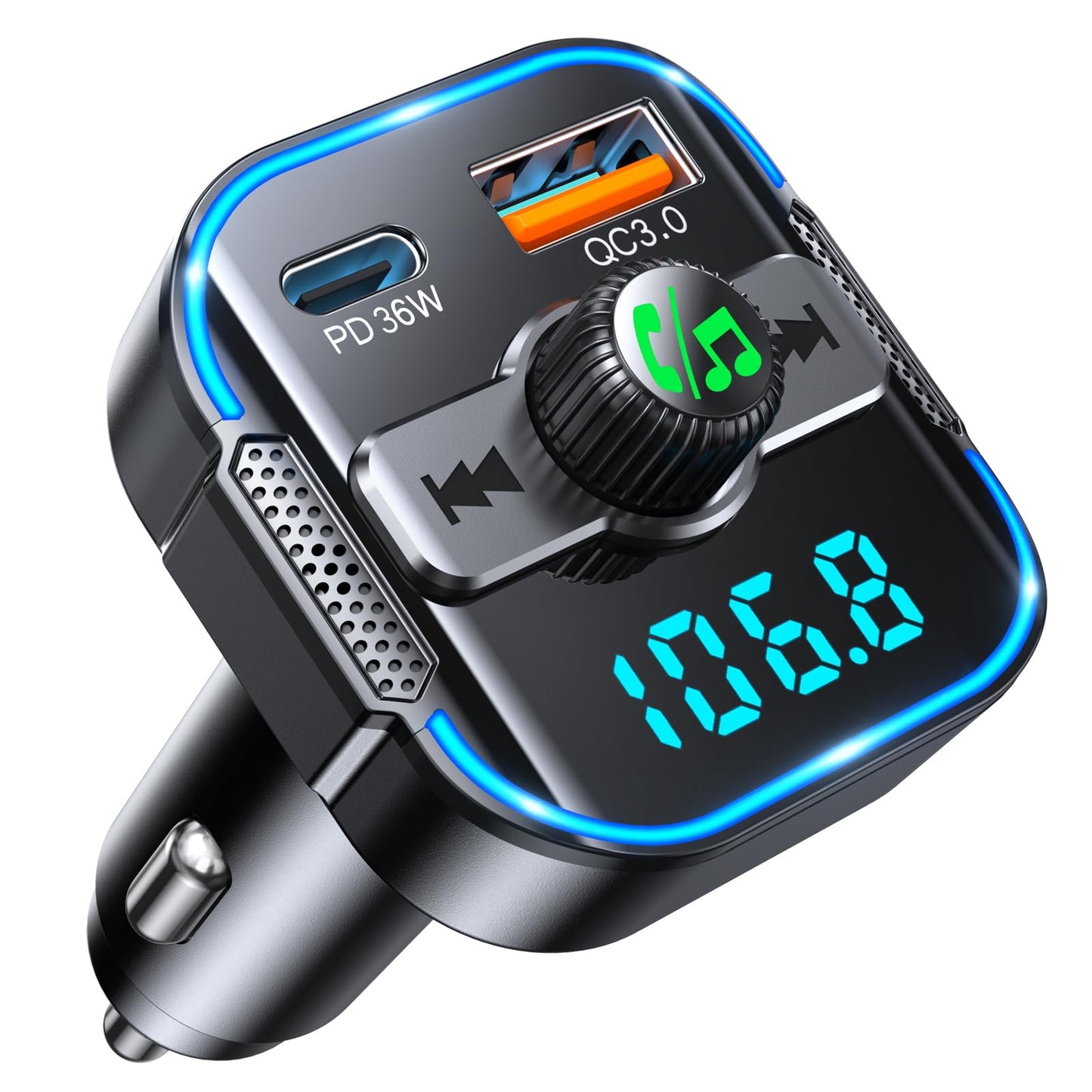 RIWUSI Bluetooth 5.3 Car Adapter【PD 36W+QC3.0 18W】, 2-in-1 FM Bluetooth Transmitter 【Dual Stronger Mics】& Fast Car Charger, Wireless FM Radio Adapter Hands-Free Calling, Siri Assistant, Black