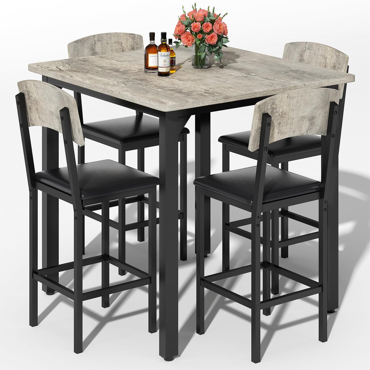 AWQM 5-Piece Dining Table Set, Dining Table Set for 4, Counter Height Table & 4 Bar Stools, Modern Kitchen Dining Set, with Upholstered Chairs, Compact Dining Set for Small Spaces, Gray
