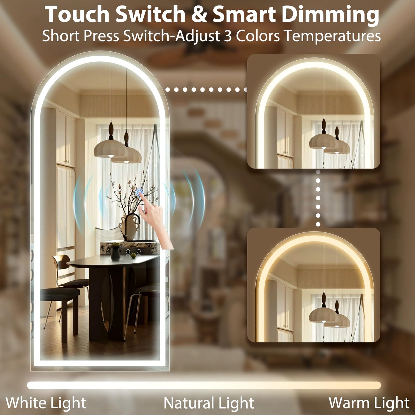 GLSLAND 34"x76" Arched LED Full Length Mirror with Lights Wall Mounted/Standing, Dimmable Floor Lighted Mirrors W/Anti-Fog, Touch Control for Bedroom, Dressing Room