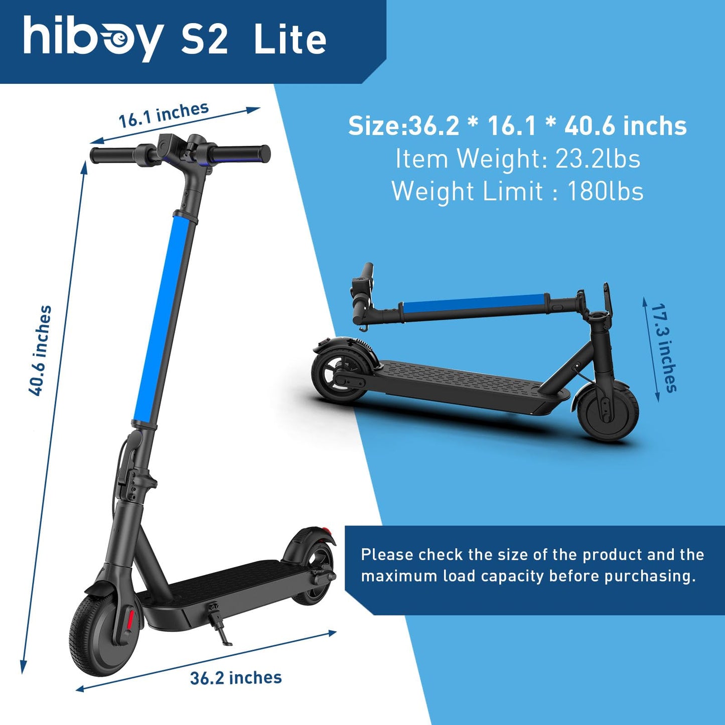 Hiboy S2 Lite Electric Scooter - 6.5" Solid Tires - Up to 10.6 Miles Long-Range & 13 MPH Portable Folding Commuting Scooter for Teens/Adults (Black)