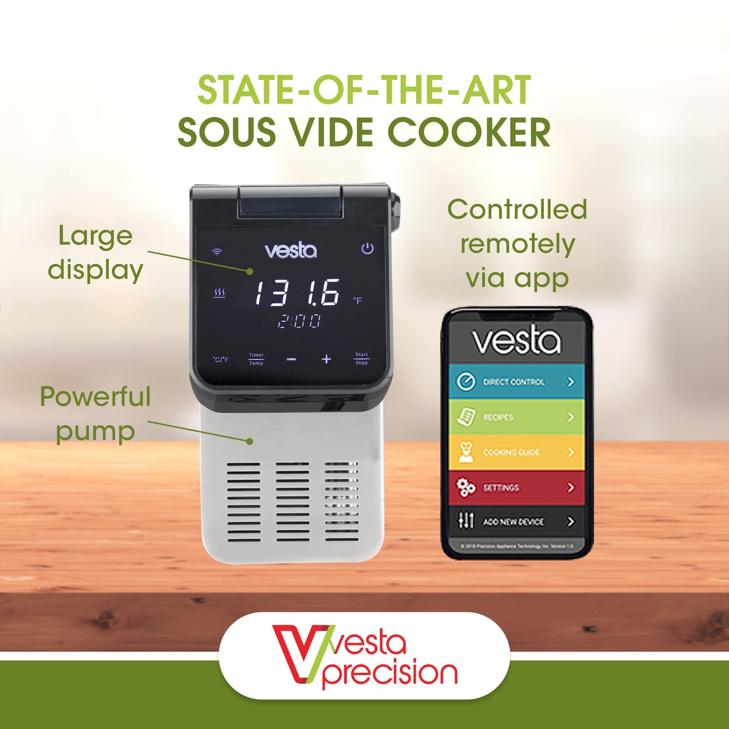 Vesta Precision Sous Vide Cooker, 30L Capacity, WiFi App Control and Large Display Screen,Foldable Design, IPX7 Waterproof, High Performance Immersion Circulator for Home & Professional Kitchen