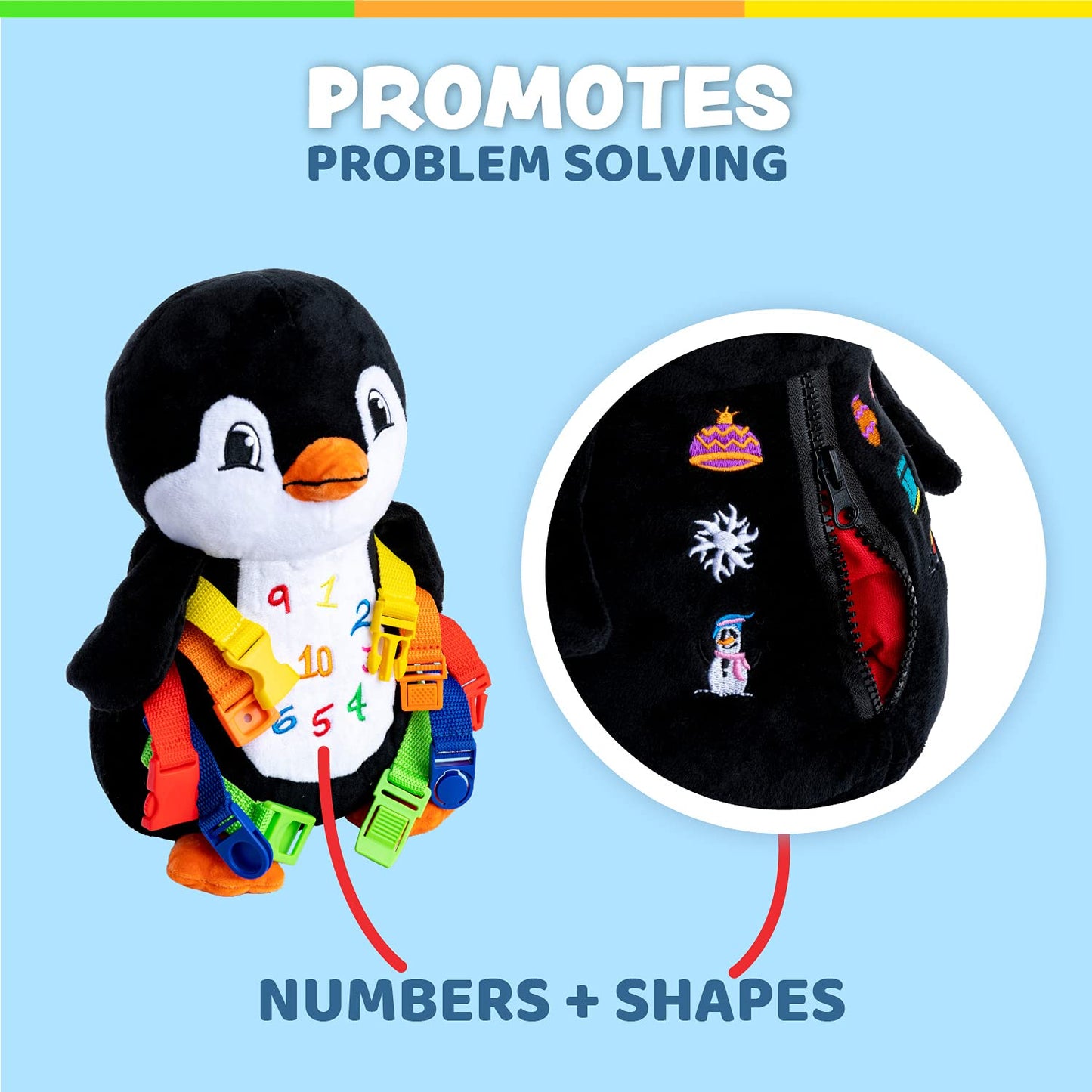 Buckle Toy - Blizzard Penguin Stuffed Animal - Montessori Learning Activity Toy - Develop Motor Skills and Problem Solving - Counting and Color Recognition - Kids Airplane Travel Accessories