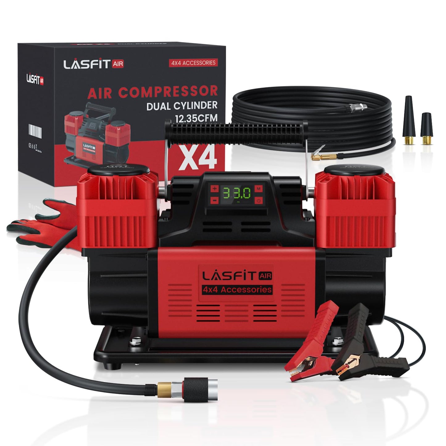 [2026 Upgraded] LASFIT X4 Off Road Air Compressor [Dual Cylinder with Auto Stop] Heavy Duty Portable Air Compressor Tire Inflator Air Pump w/Digital Pressure Gauge for 4x4 Vehicles, Trucks, RVs