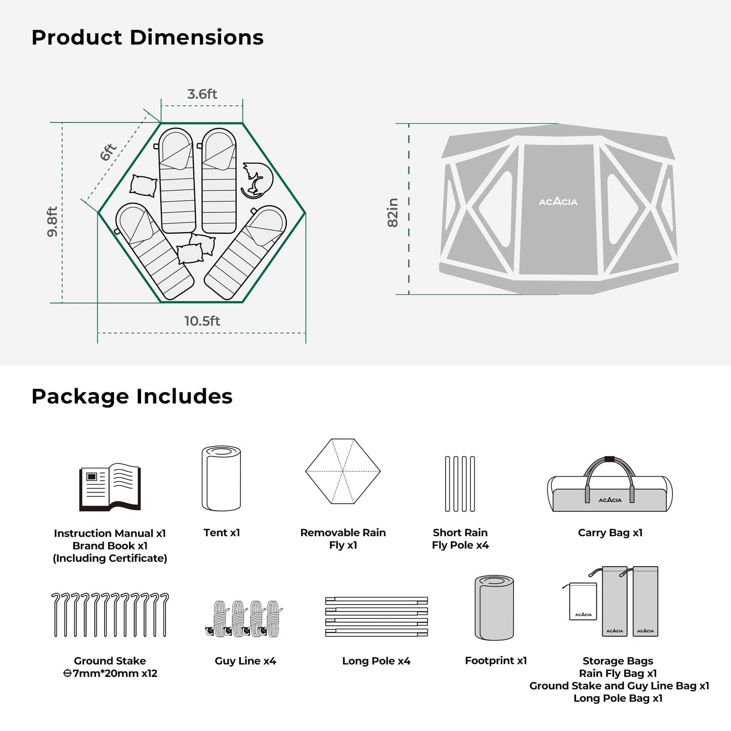 ACACIA Space Camping Tent XL, 4-6 Person Large Family Tent with 6'10'' Height, 2 Doors, 8 Windows, Waterproof Pop Up Easy Setup Hub Tent with Rainfly, Footprint for Car Camping, Glamping, Banyan
