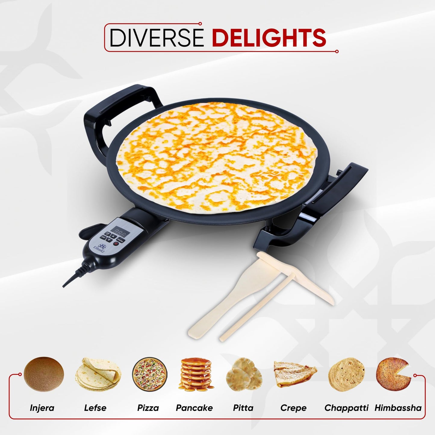 Ethniq 16" Electric Griddle for Ethiopian Injera, Somalian Anjero, Crepe, Lefse, Mogogo, Mitad, Pancake Teff Maker - Adjustable Digital Heat Control - Non-Stick Surface - Even Heat Distribution