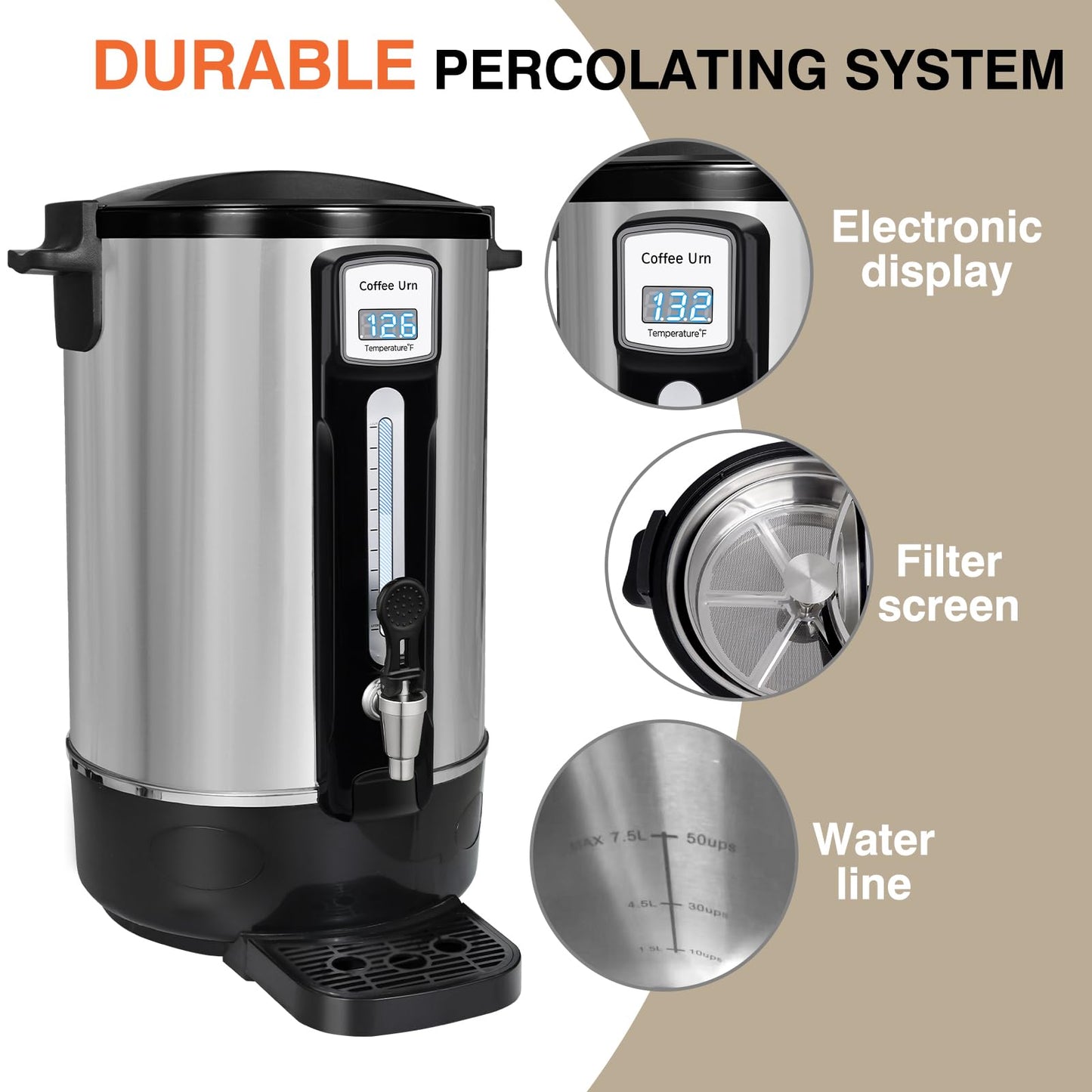 alelarocr 50-Cup Commercial Coffee Urn - Stainless Steel Double-Wall Coffee Maker with Percolator & Keep-Warm Function - Ideal for Events, Offices, Parties, and Catering (50 Cups - Double Layer)