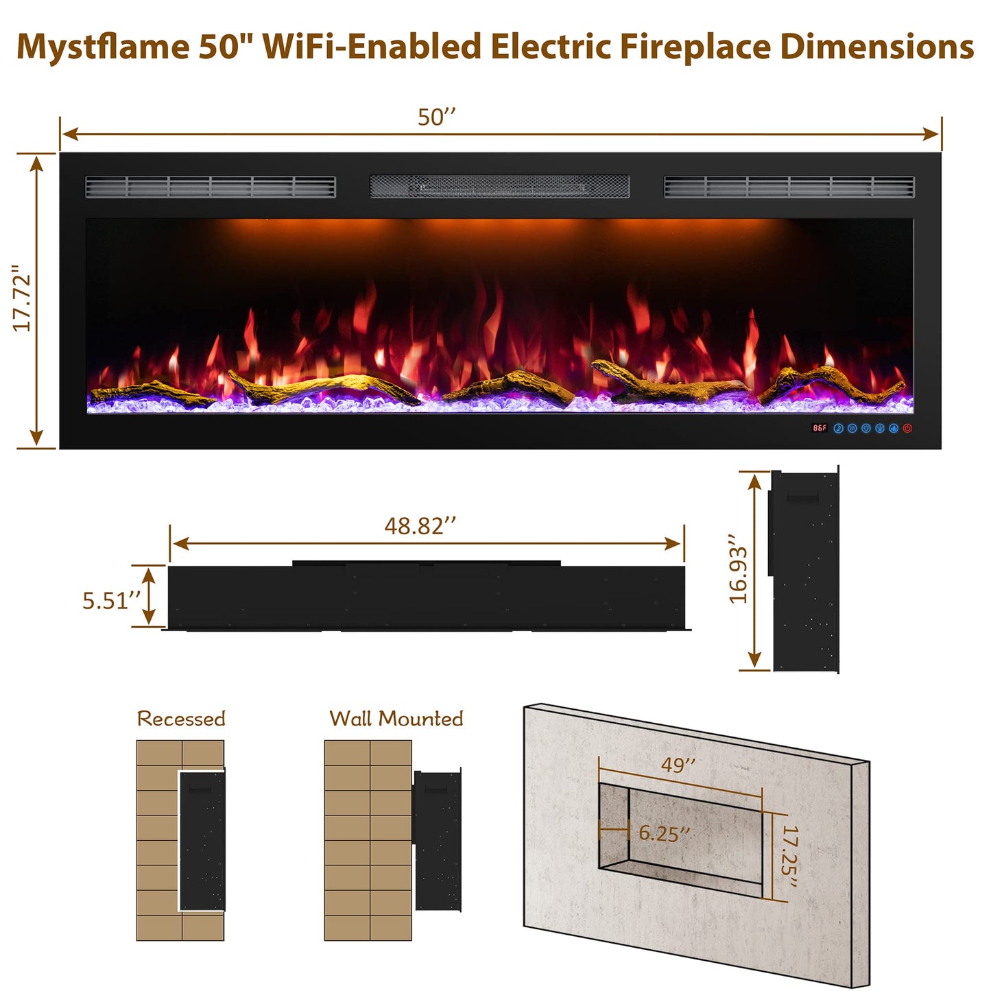 Mystflame 50 Inch WiFi Electric Fireplace Heater, Recessed or Wall Mounted, Ultra‑Slim 5.51" Deep, 750/1500W, 12 Flame Colors & 12 Ember Bed Colors,Remote & App Control, Works with Alexa & Google Home