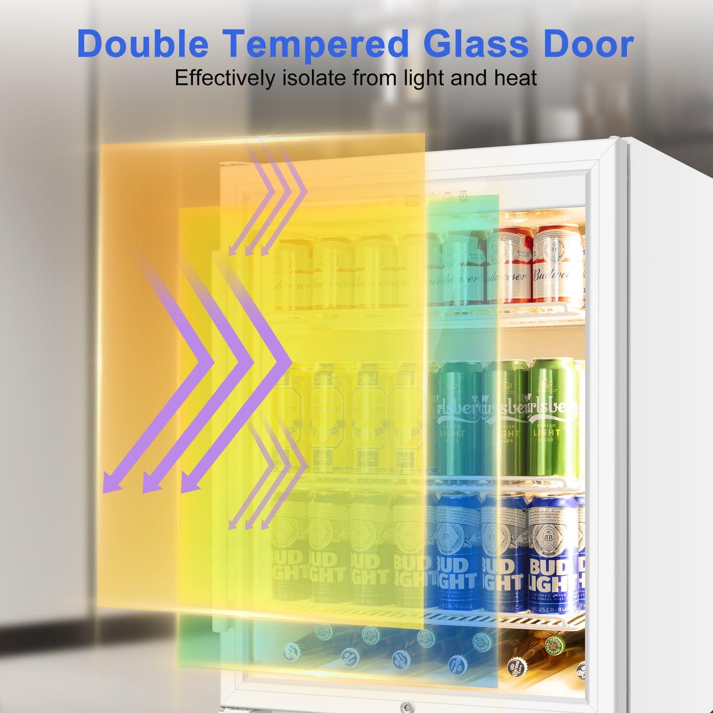 FoMup 24 Inch Beverage Refrigerator with Glass Door, Undercounter Beverage Fridge 200 Cans Large Capacity, Beverage Cooler for Beer Soda with Reversible Door, Temperature Control, Safety Lock, White