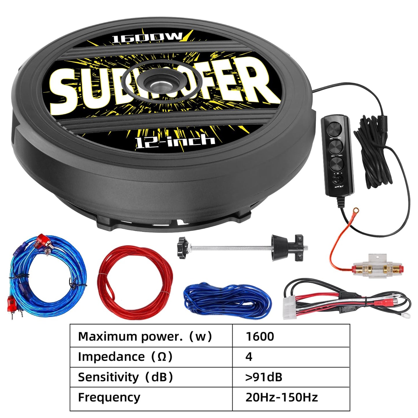 12" Active Spare Tire Subwoofer - 1600W Power, Plug & Play Car Subwoofer with Remote Control | Specifically Designed for Spare Tire Well | Deep Bass Car Amplifier Audio System, Easy Installation