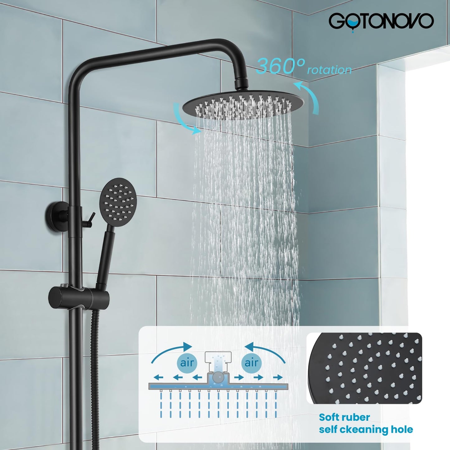 gotonovo Outside Shower Fixture Wall Mount Matte Black SUS 304 Stainless Steel Triple Function with Hand Sprayer and Tub Spout 8 Inch Rainfall Shower Head Shower faucet Set Bathroom Complete Set
