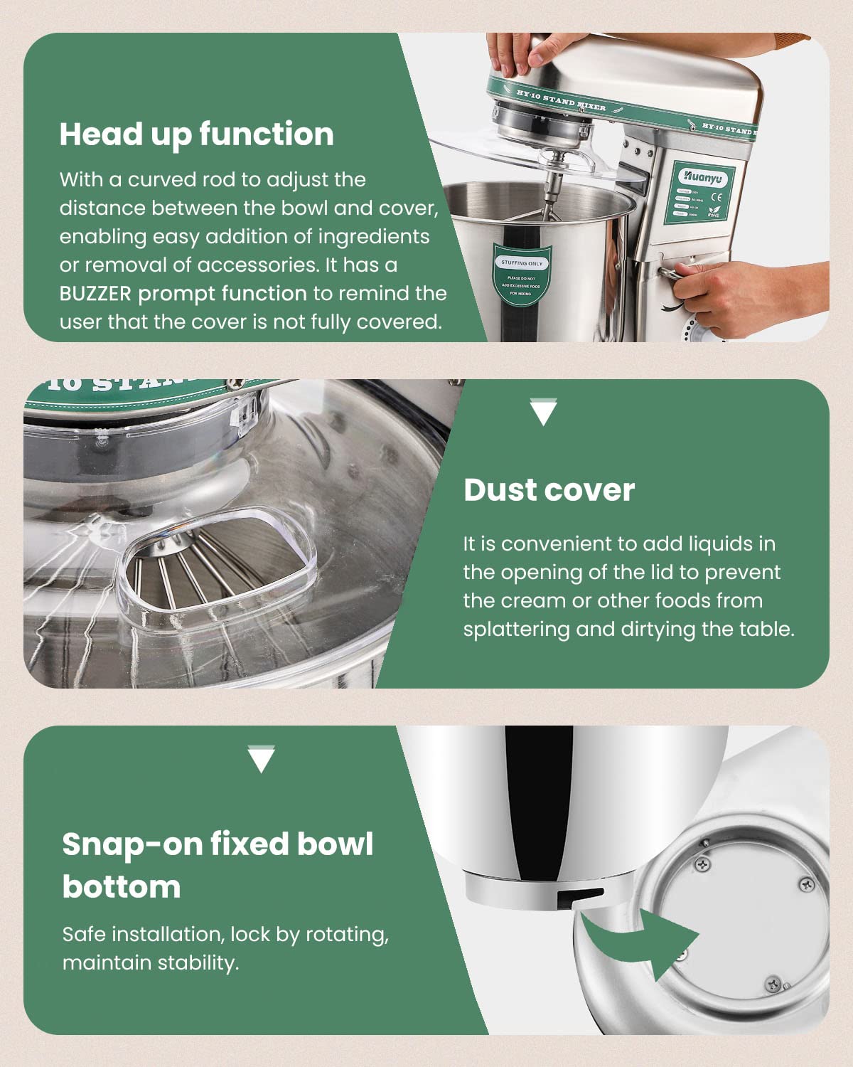 Huanyu Commercial Stand Mixer 10QT 500W Electric Dough Blender with Stainless Steel Bowl 3-in-1 Multifunctional Food Mixing Machine Dough Hook Flat Beater Whisk 110v