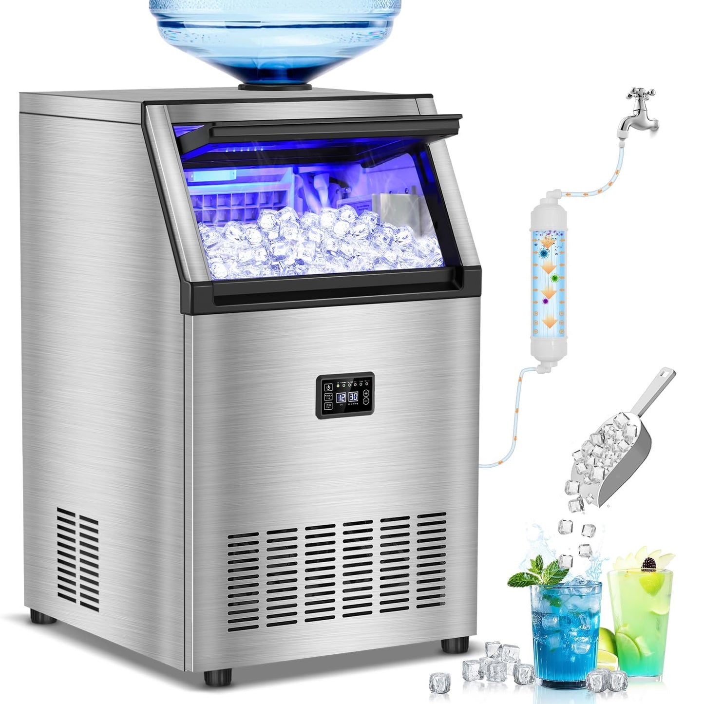 Commercial Ice Maker Machine, 160 lbs/24H with 50 lbs Storage Bin, Dual Water Inlet Options, Under Counter Freestanding Ice Maker for Home, Bar, Support 5-Gallon Bottle Water & Tap Water