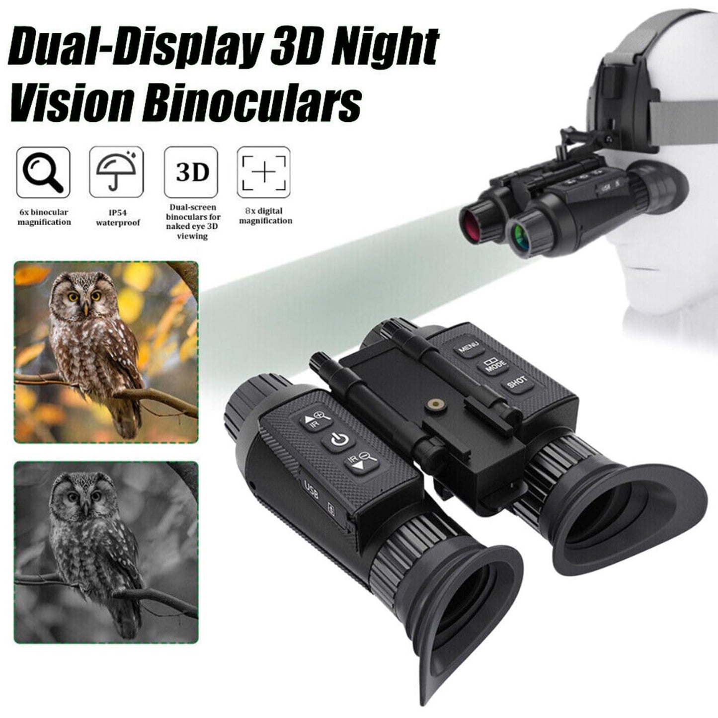 HUVIOVED NV8300 Head-Mounted Night Vision Goggles for Adults, 4K 3D Visual Digital Night Vision Binocular with Head Strap and 32GB Memory Card, 7 Gear Infrared, 8X Digital Zoom