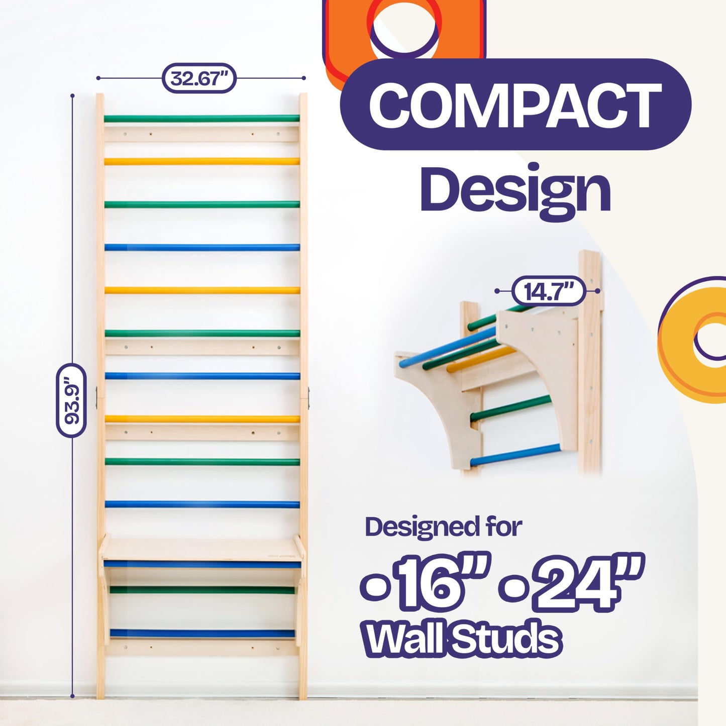 ComfyBumpy Swedish Ladder & Climbing Wall Jungle Gym for Kids, Wall-Mounted Indoor Climbing System (2-Piece Set)