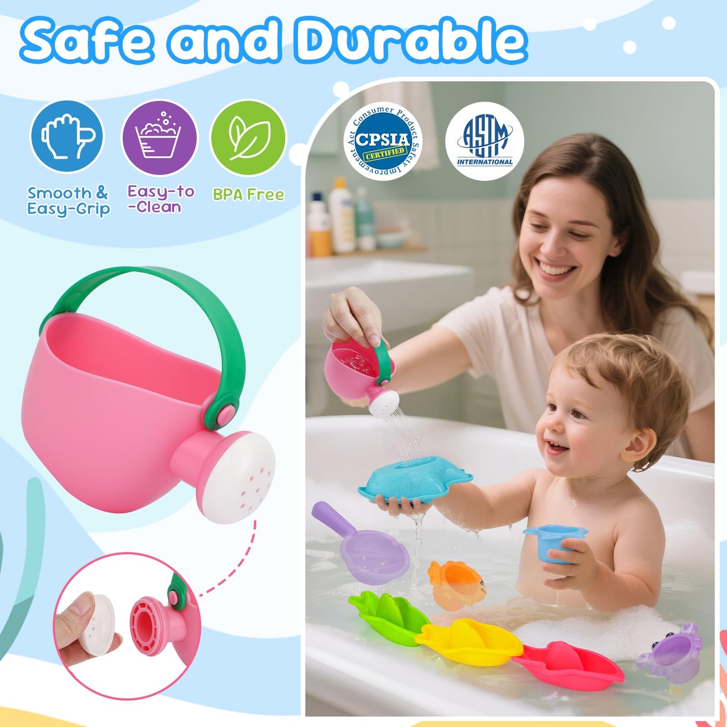 Fajiabao Baby Bath Toys for Kids Ages 1-3 Toddler Bath Toys Mold Free for 2-4 Bathtub Sand Beach Pool Water Toys for 1+ Year Old Girl Gifts 9 PCS (Color Random)