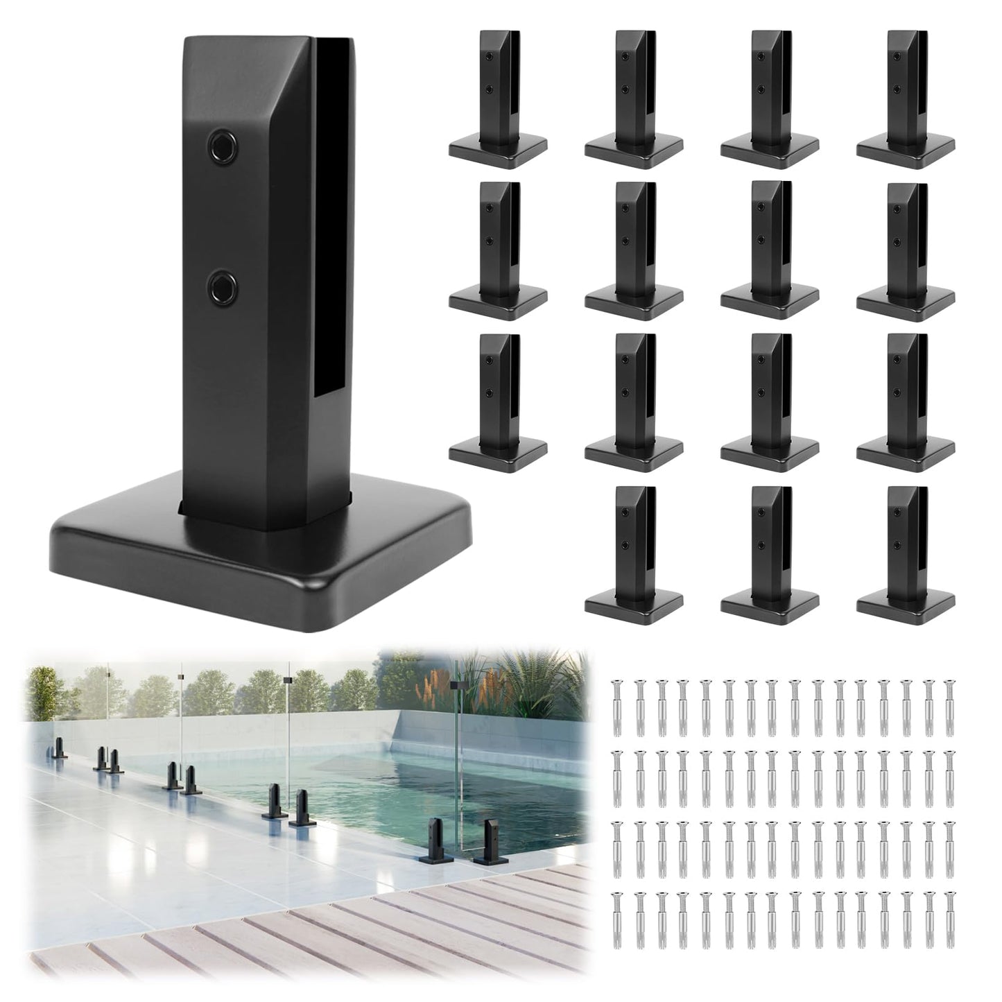 LukLoy 16 Pack NW. 2.1lb T304 Stainless Steel Glass Railing Spigot Heavy-Duty Matte Black Clamp Post Glass Railing System, No-Drill Design for Pool, Deck, Stair, Balustrade, Balcony Black - Level 2