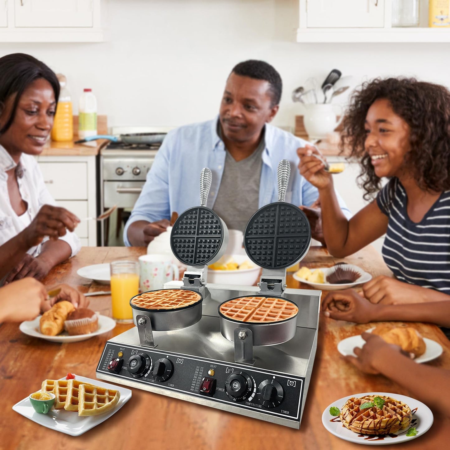 Commercial Waffle Maker Machine, 110V 2400 W Staninless Steel Waffle Iron, Double Head Nonstick Waffle Maker for Home Cafe and Restaurant