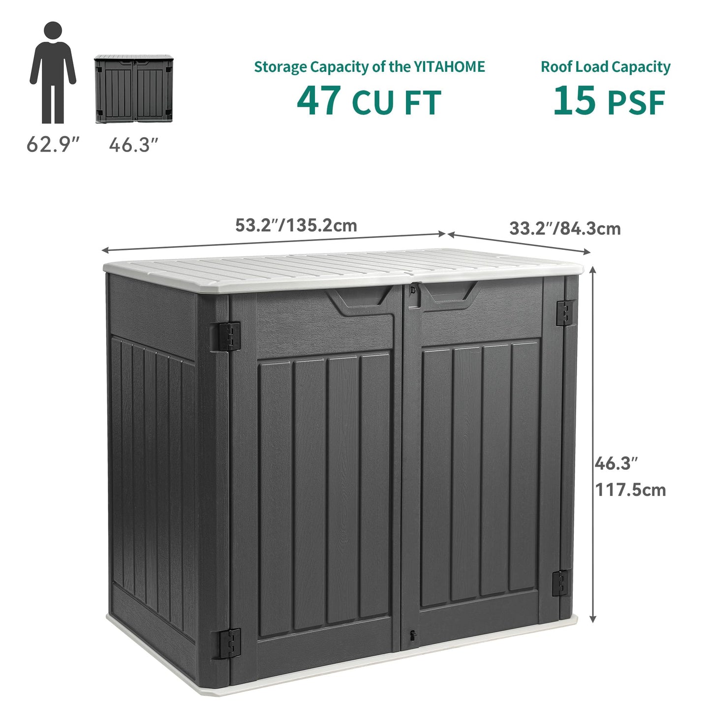 YITAHOME Extra Large Outdoor Horizontal Storage Shed, 4.5x4ft Resin Tool Sheds w/o Shelf, Easy to Assemble Waterproof Storage for Trash Cans, Garden Tools, Lawn Mower, Lockable, Dark Gray