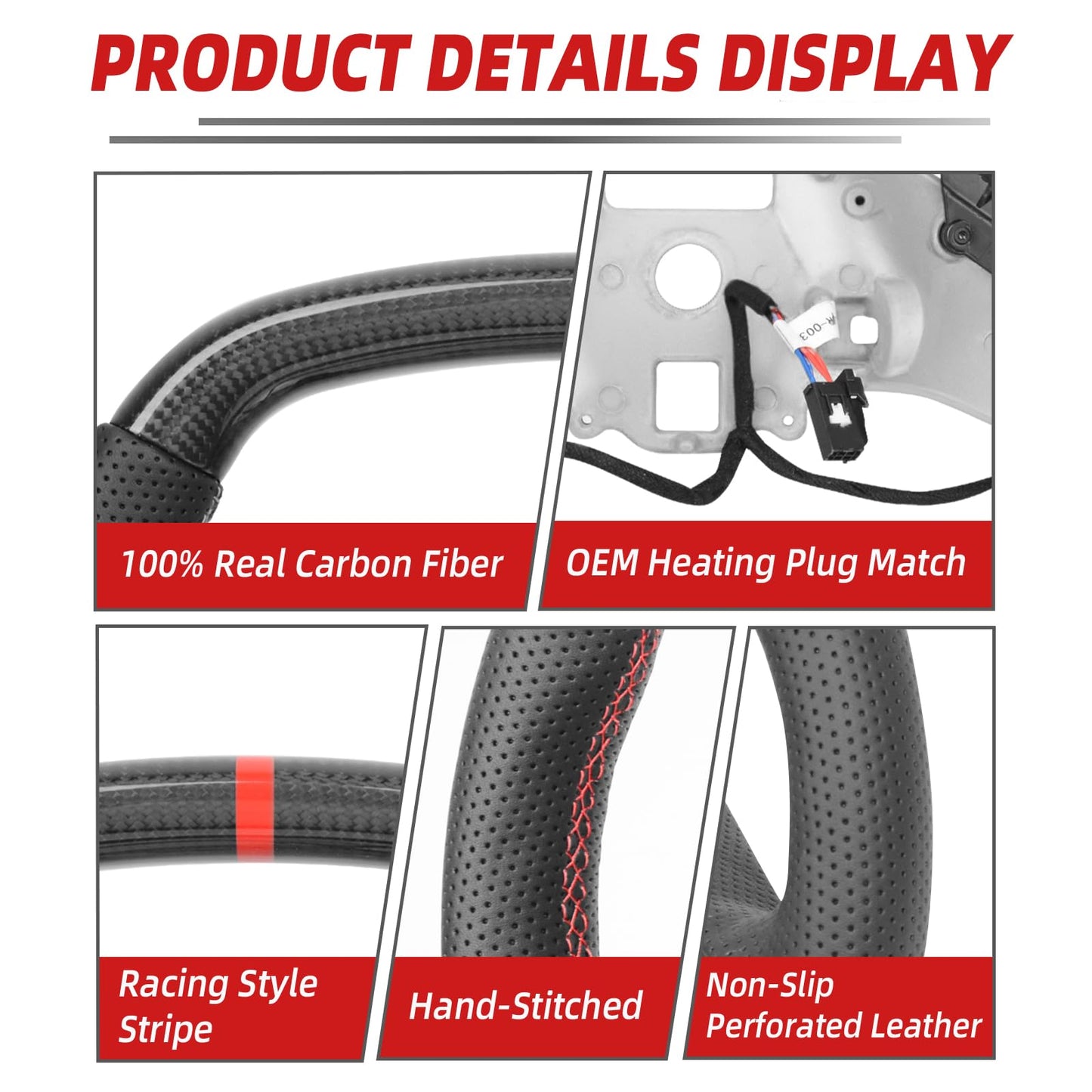 Heated Real Carbon Fiber Steering Wheel for Chevy Corvette C8 Stingray Z06 ERay 2020-2026, Red Stripe Perforated Leather, Flat Top Bottom Replacement, Retains OEM Heating